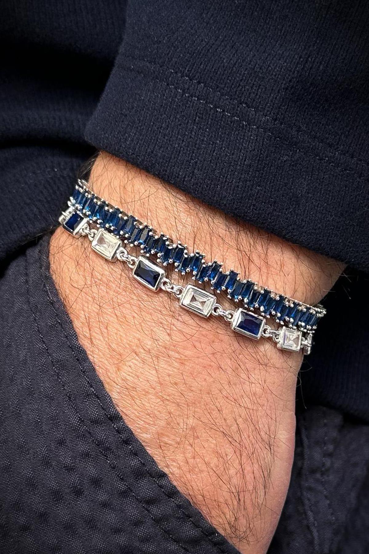 FRNCH 925 Ayar Gümüş Lacivert Zirkon Taşlı Gümüş Renk Erkek Bileklik Set FRJ12696-3696-L