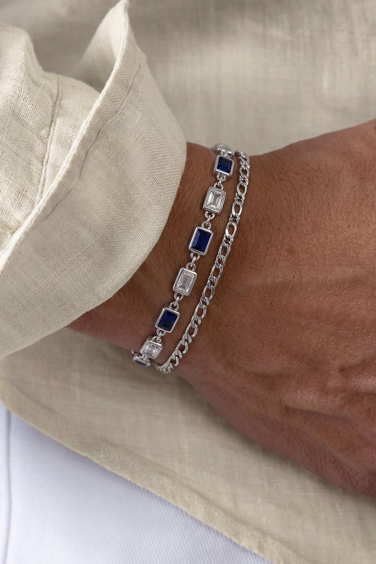 FRNCH 925 Ayar Gümüş Lacivert Zirkon Taşlı Gümüş Renk Erkek Bileklik Set FRJ12905-3905-L