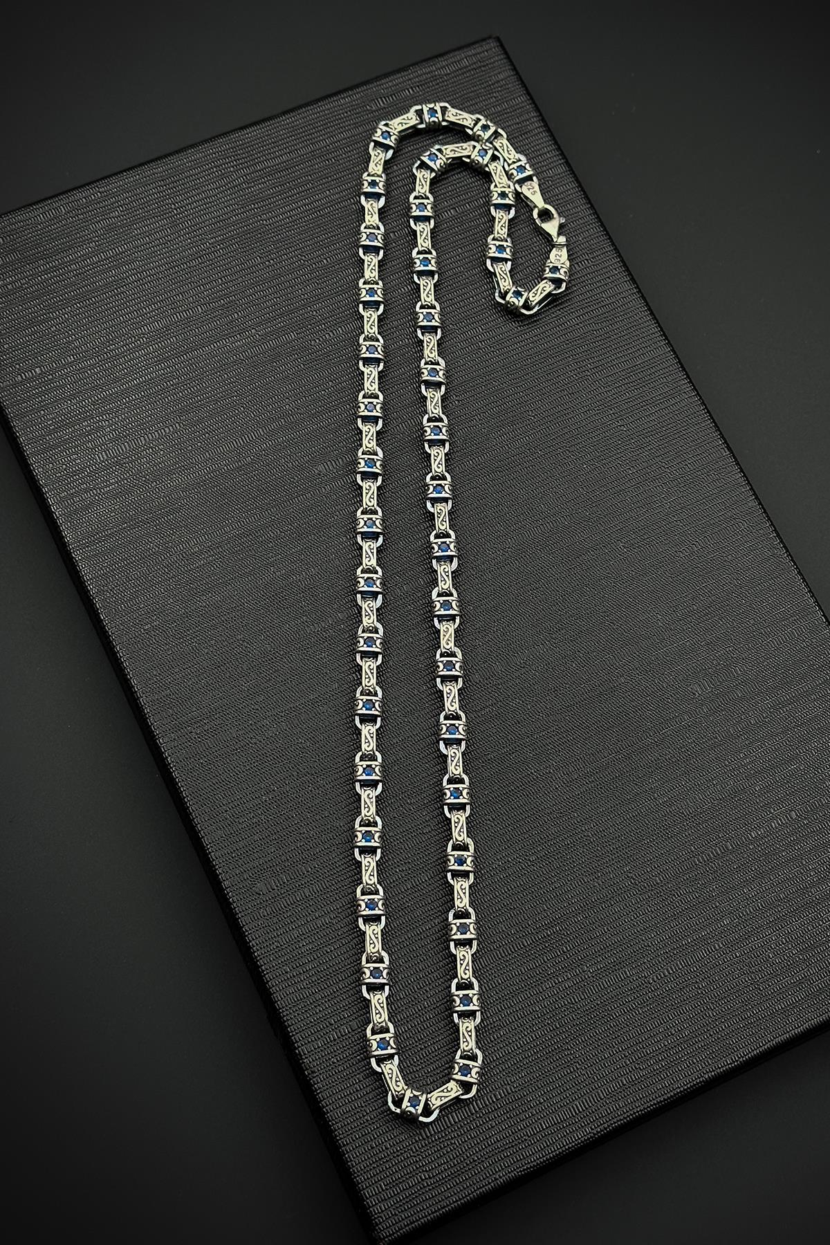 FRNCH 925 Ayar Gümüş Lacivert Zirkon Taşlı Gümüş Renk Erkek Kolye FRJ30900-1000-L