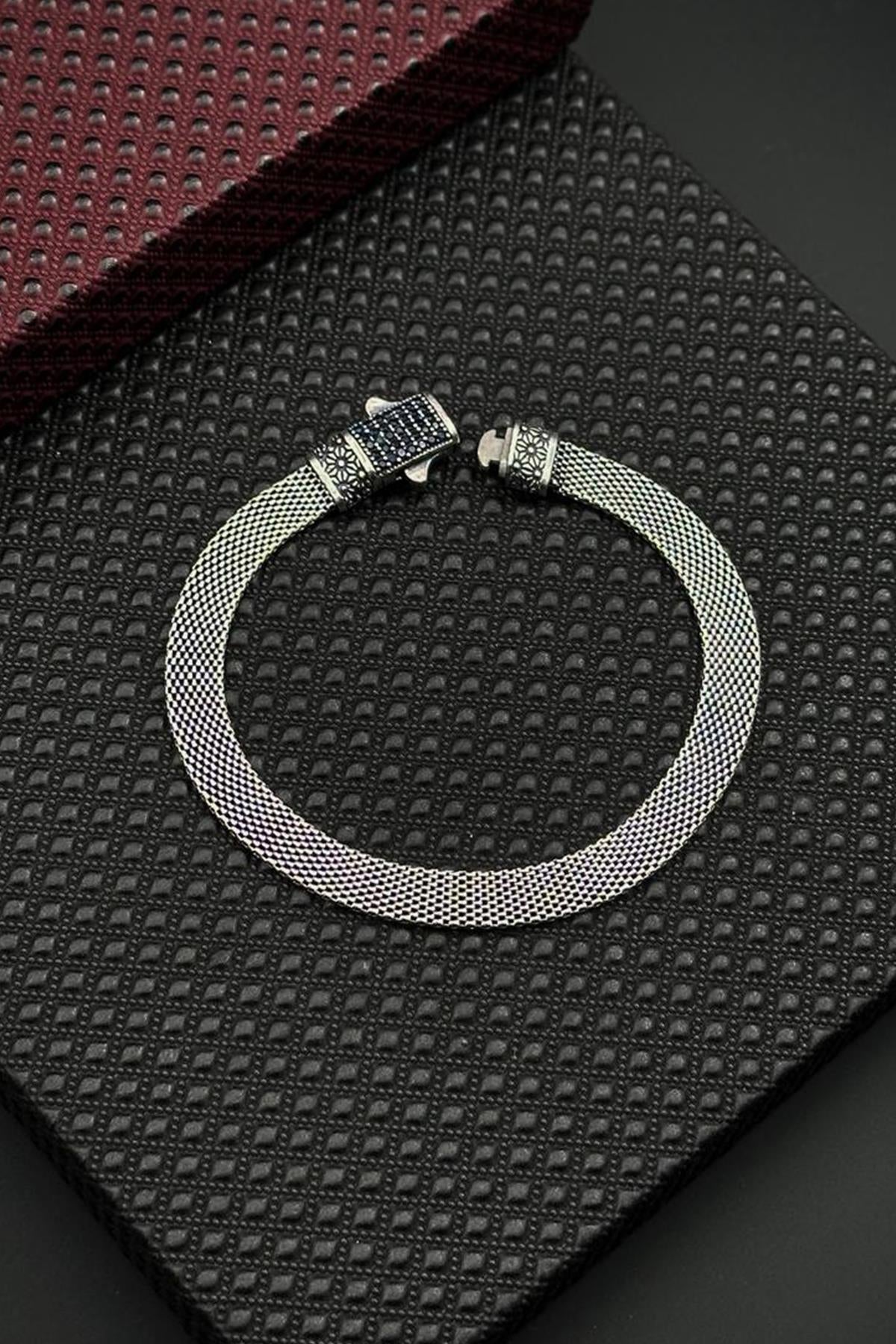 FRNCH 925 Ayar Gümüş Lacivert Zirkon Taşlı İtalyan Model Gümüş Renk Erkek Bileklik FRJ12680-3680-A