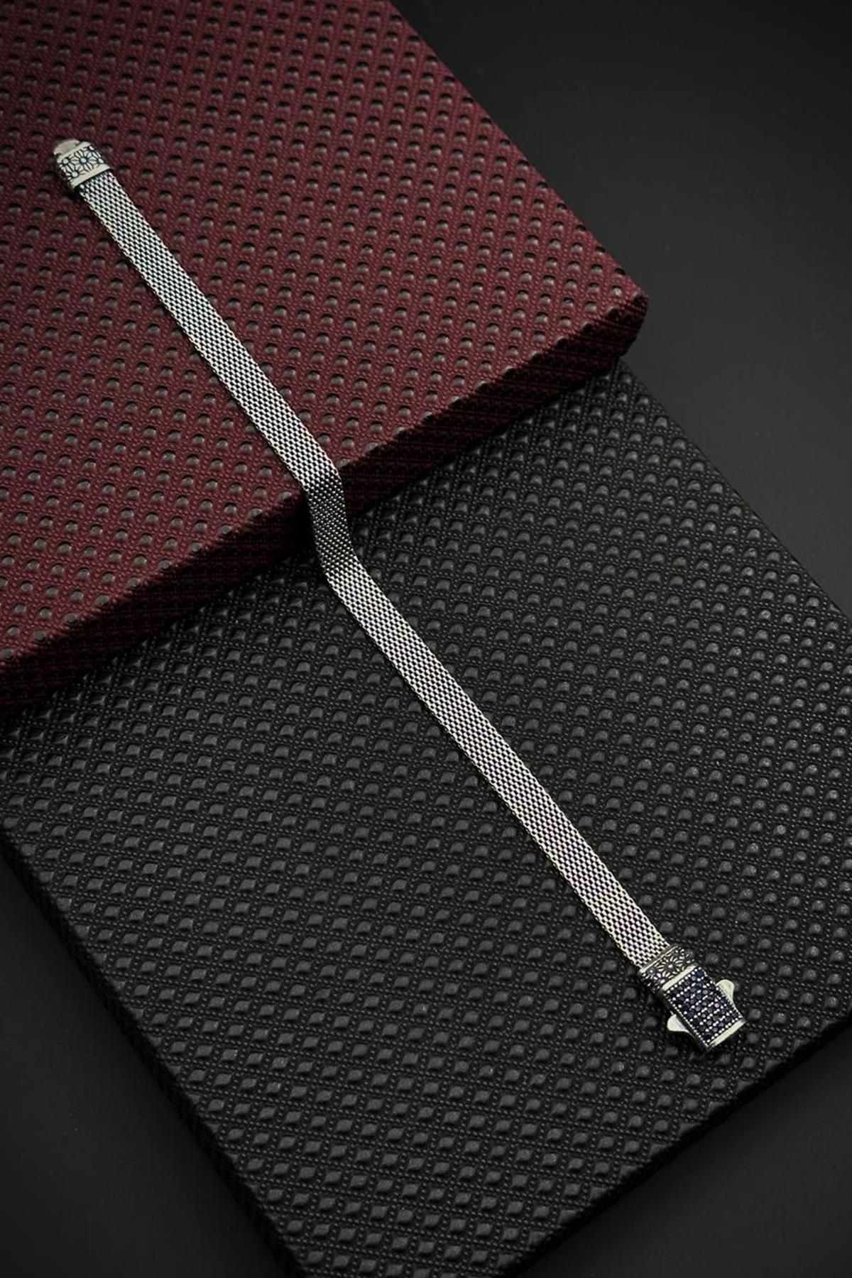 FRNCH 925 Ayar Gümüş Lacivert Zirkon Taşlı İtalyan Model Gümüş Renk Erkek Bileklik FRJ12680-3680-A