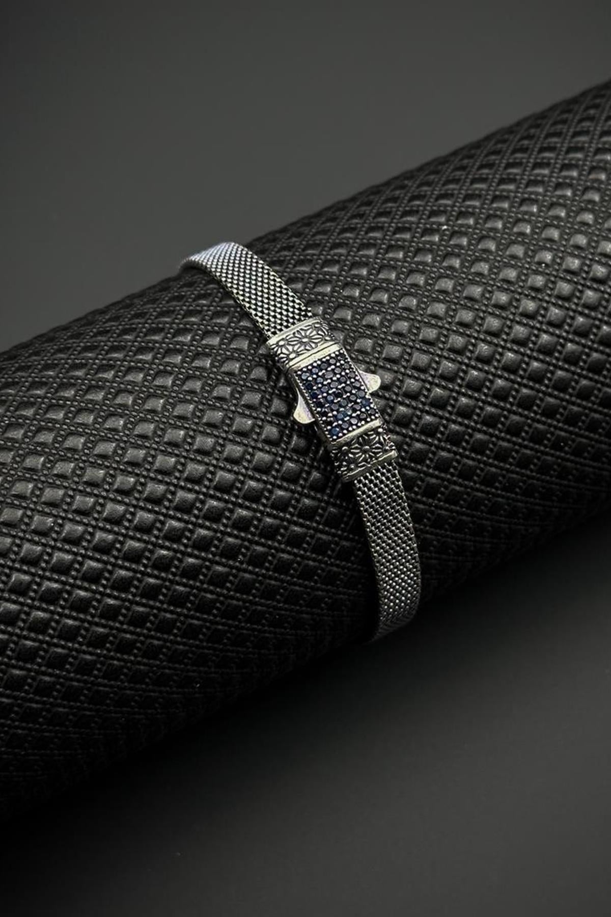 FRNCH 925 Ayar Gümüş Lacivert Zirkon Taşlı İtalyan Model Gümüş Renk Erkek Bileklik FRJ12680-3680-A