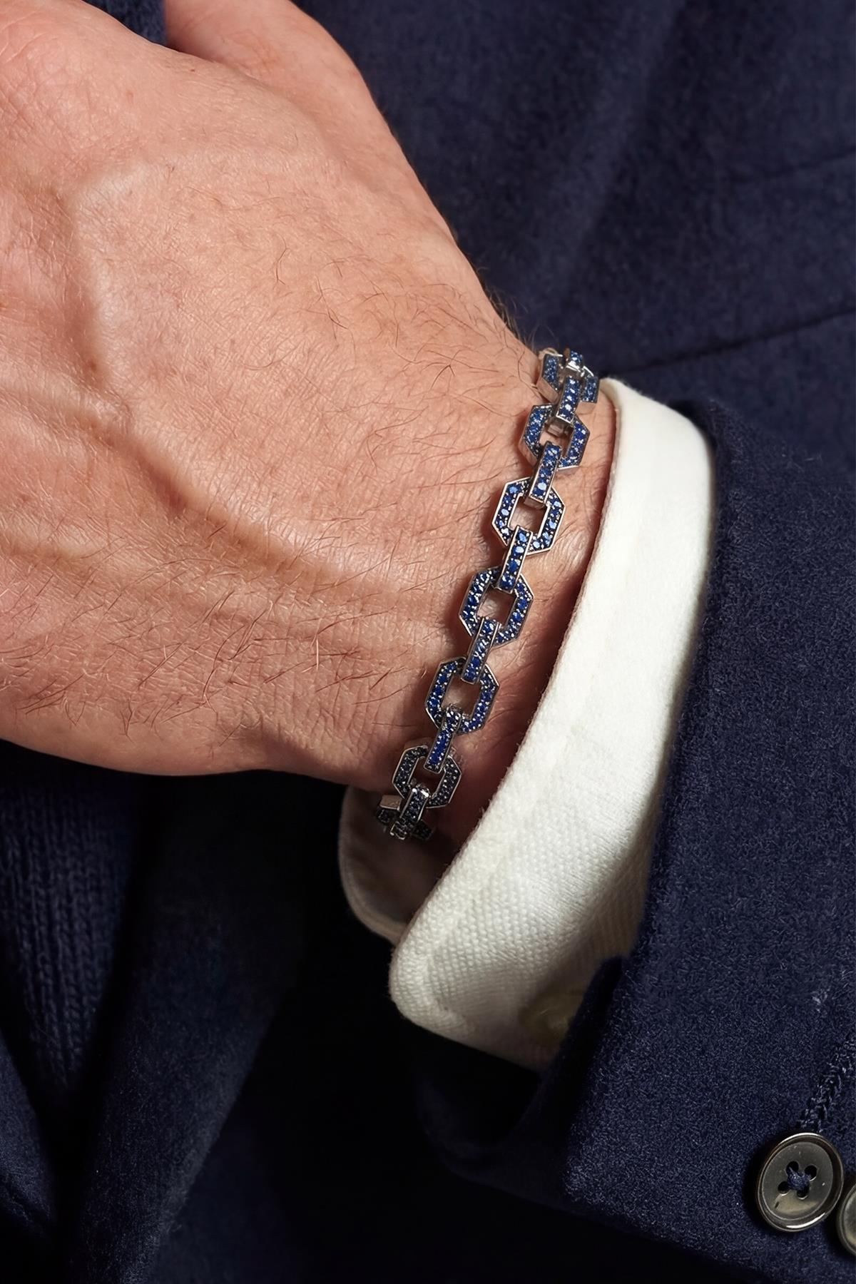 FRNCH 925 Ayar Gümüş Lacivert Zirkon Taşlı Lacivert Renk Erkek Bileklik FRJ12898-3898-L