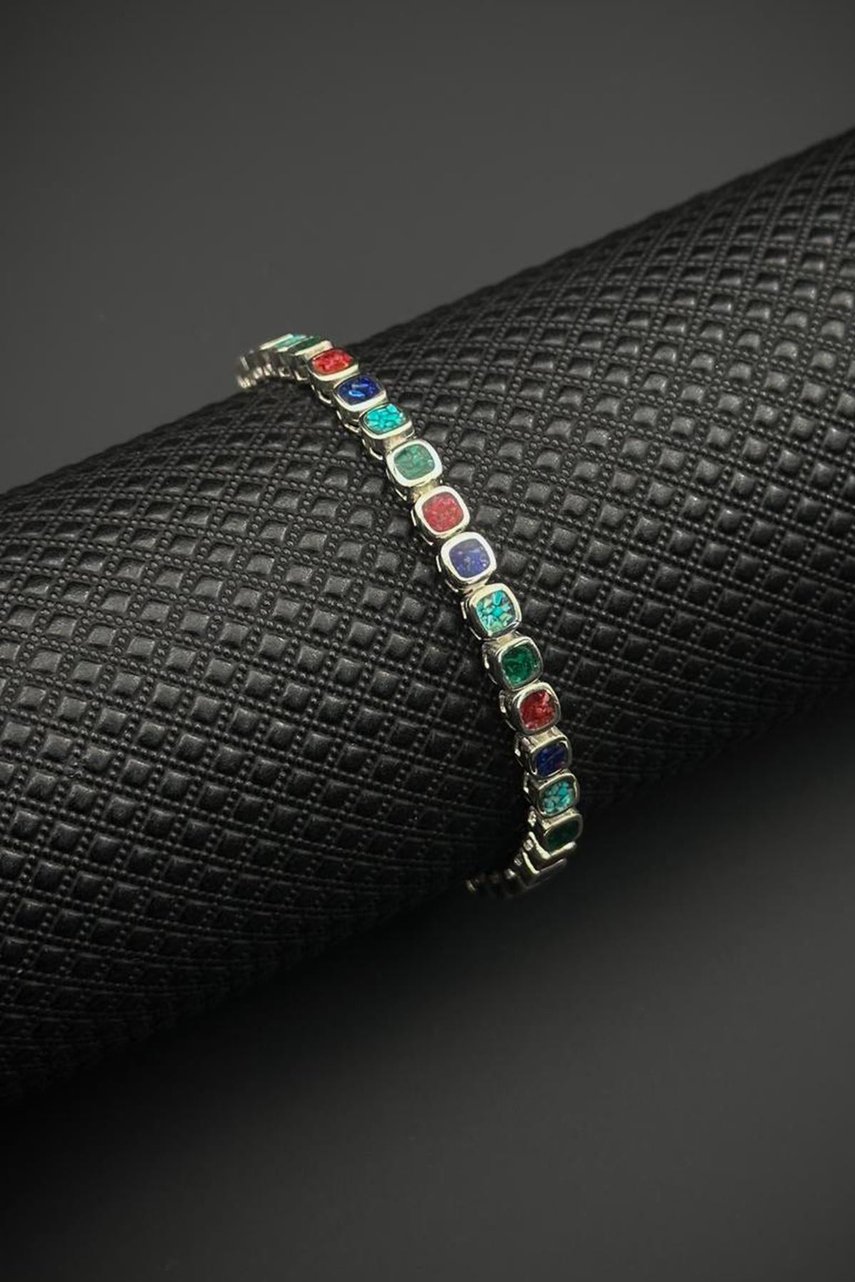 FRNCH 925 Ayar Gümüş Mix Doğal Taşlı Çok Renkli Erkek Bileklik FRJ12678-3678-CK