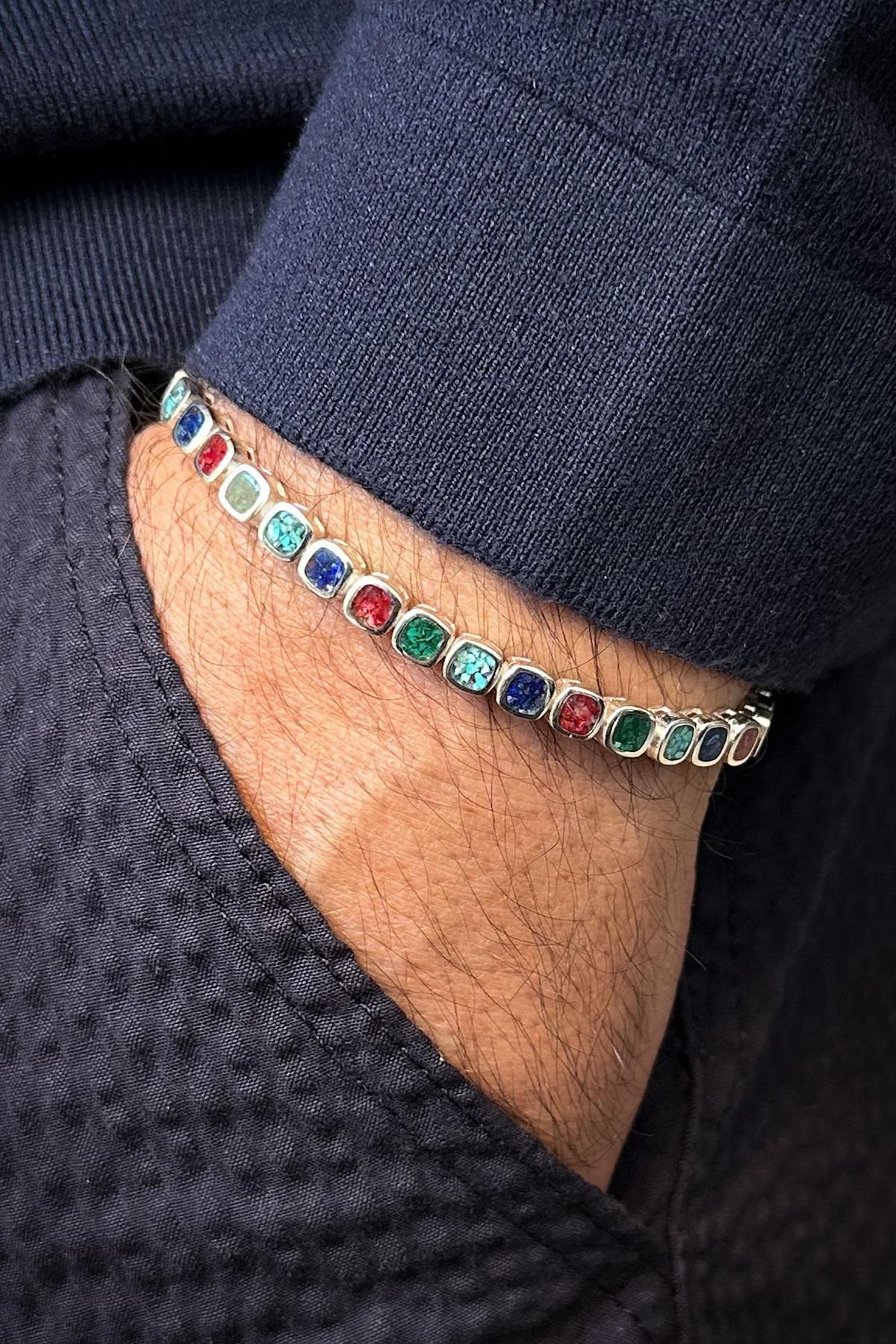 FRNCH 925 Ayar Gümüş Mix Doğal Taşlı Çok Renkli Erkek Bileklik FRJ12678-3678-CK