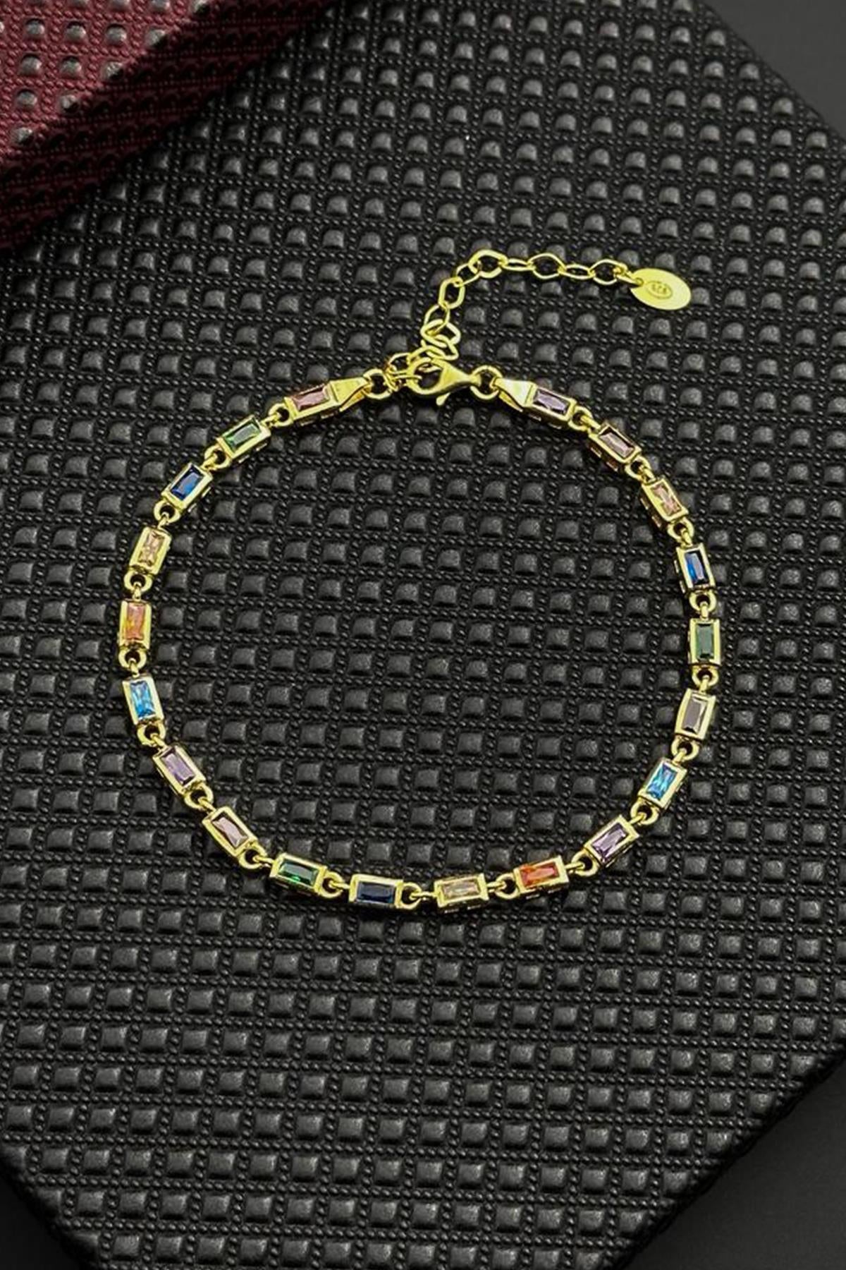 FRNCH 925 Ayar Gümüş Mix Renkli Zirkon Taşlı Altın Renk Erkek Bileklik FRJ12718-3718-CKG