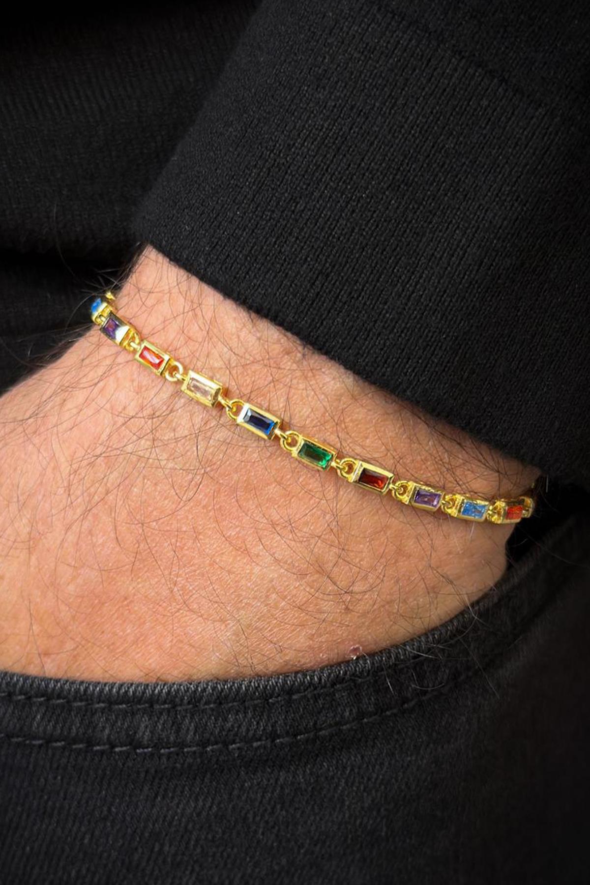 FRNCH 925 Ayar Gümüş Mix Renkli Zirkon Taşlı Altın Renk Erkek Bileklik FRJ12718-3718-CKG