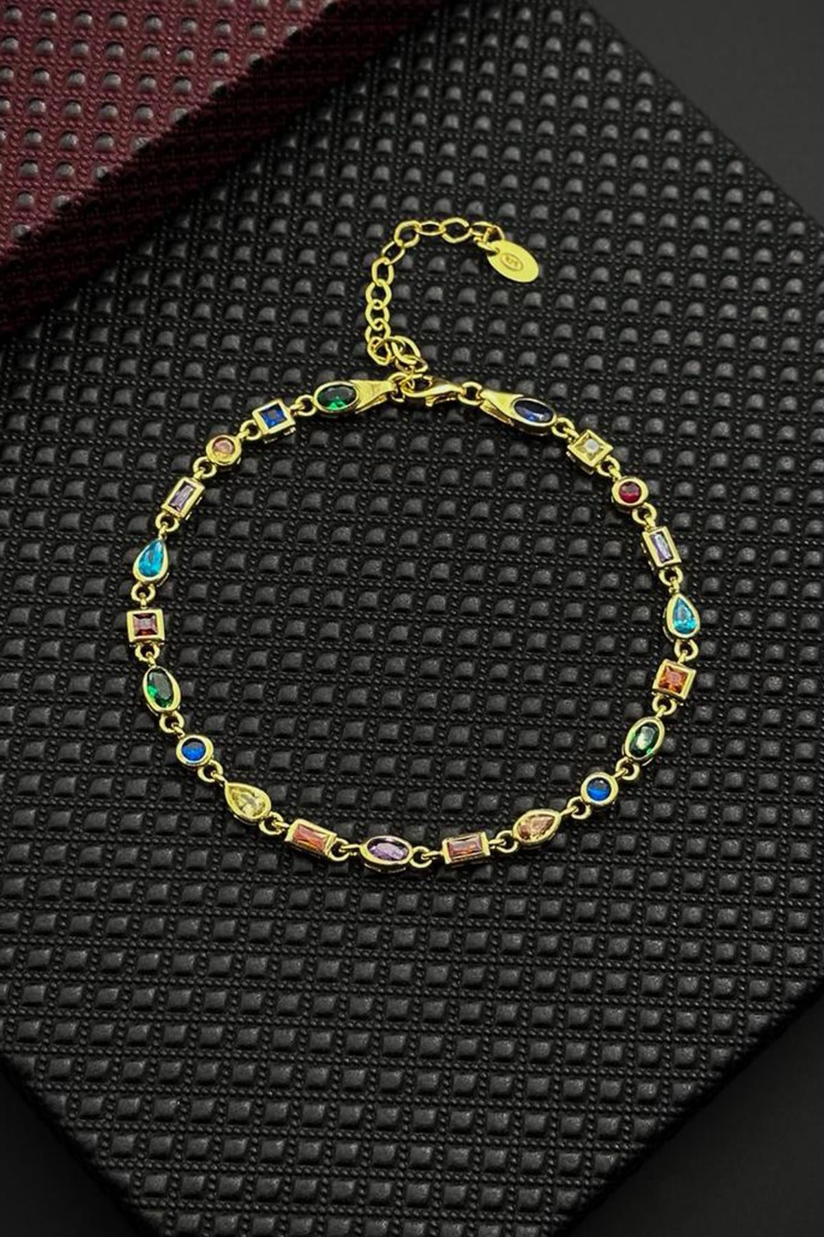 FRNCH 925 Ayar Gümüş Mix Renkli Zirkon Taşlı Altın Renk Erkek Bileklik FRJ12719-3719-CKG