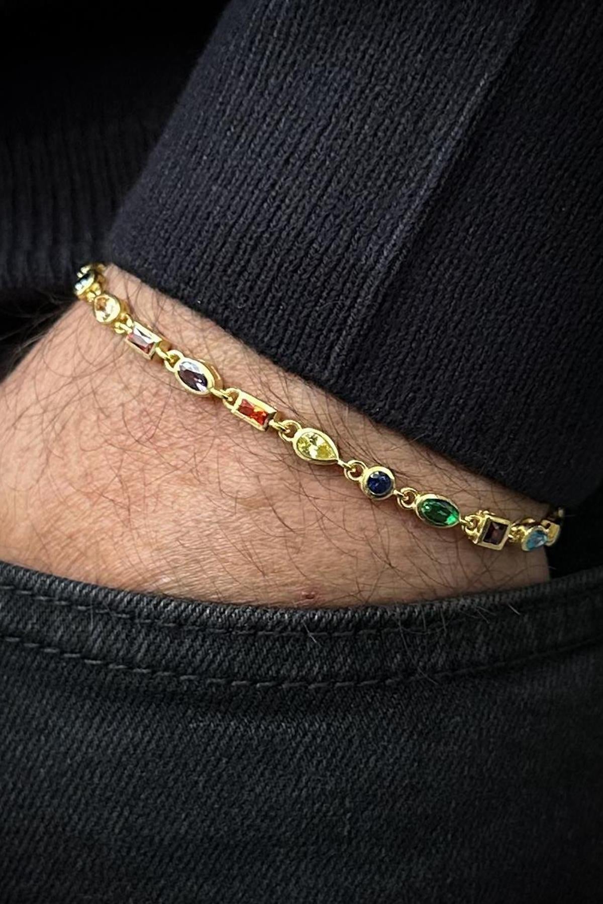 FRNCH 925 Ayar Gümüş Mix Renkli Zirkon Taşlı Altın Renk Erkek Bileklik FRJ12719-3719-CKG