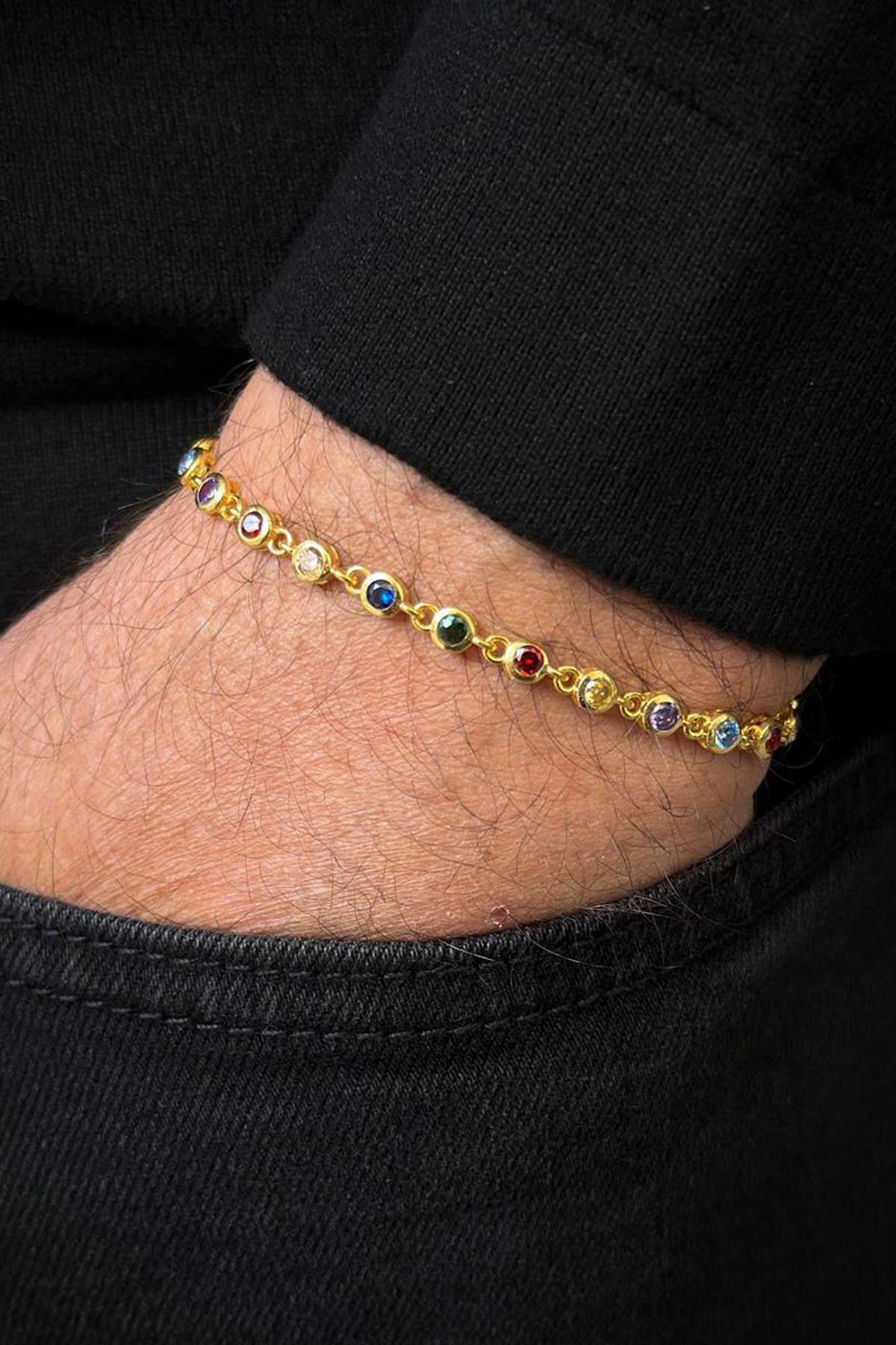 FRNCH 925 Ayar Gümüş Mix Renkli Zirkon Taşlı Altın Renk Erkek Bileklik FRJ12720-3720-CKG