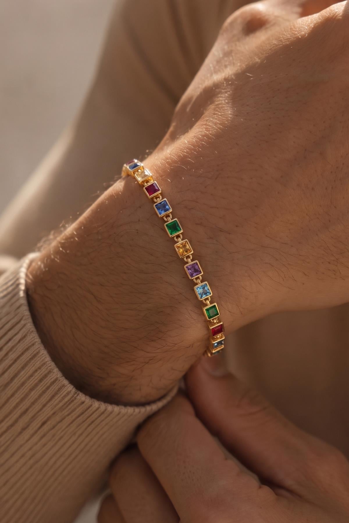 FRNCH 925 Ayar Gümüş Mix Renkli Zirkon Taşlı Altın Renk Erkek Bileklik FRM12717-3717-CKG