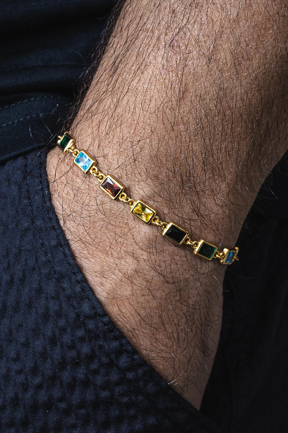 FRNCH 925 Ayar Gümüş Mix Zirkon Taşlı Altın Renk Erkek Bileklik FRJ12677-3677-CKG