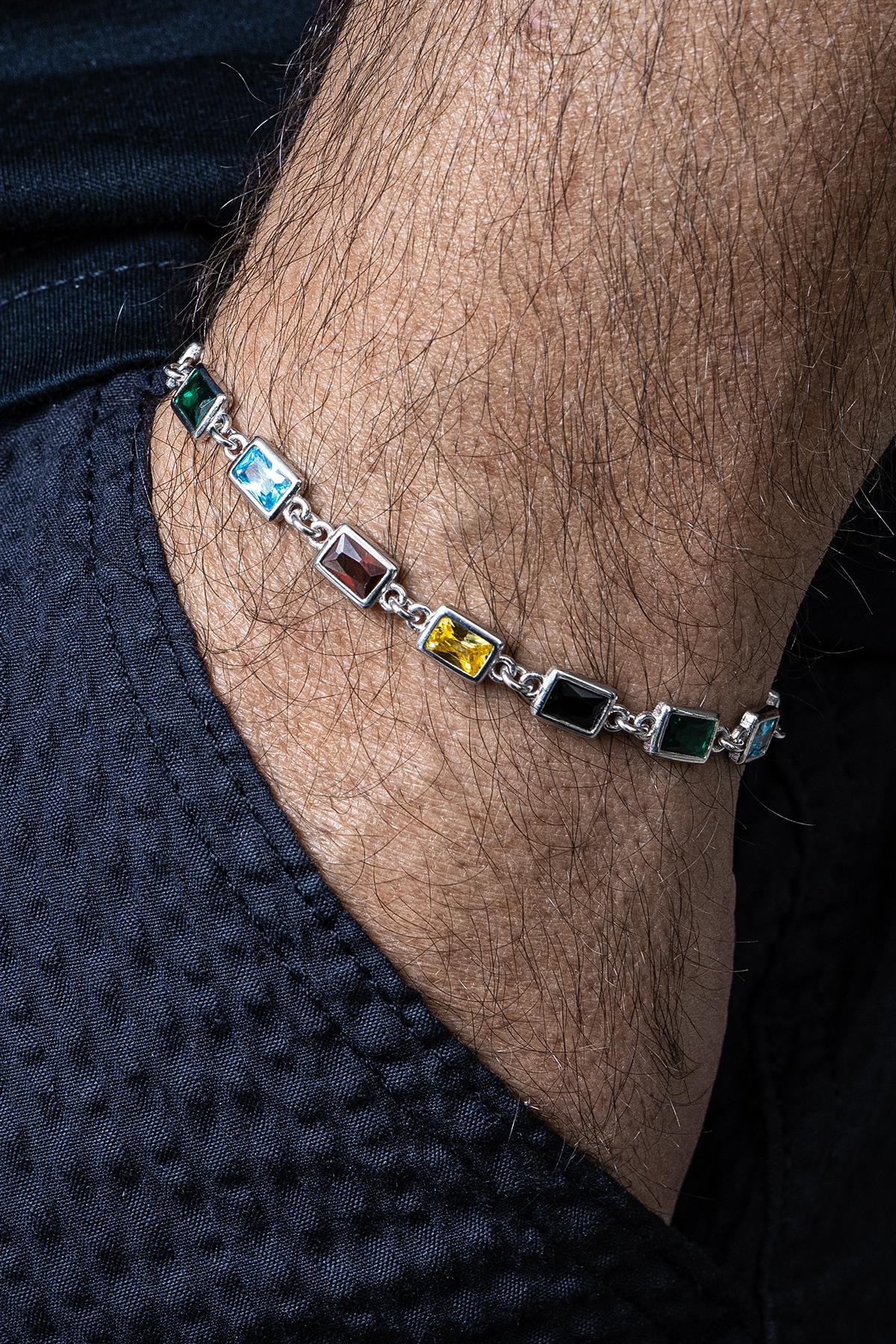 FRNCH 925 Ayar Gümüş Mix Zirkon Taşlı Gümüş Renk Erkek Bileklik FRJ12677-3677-CKA