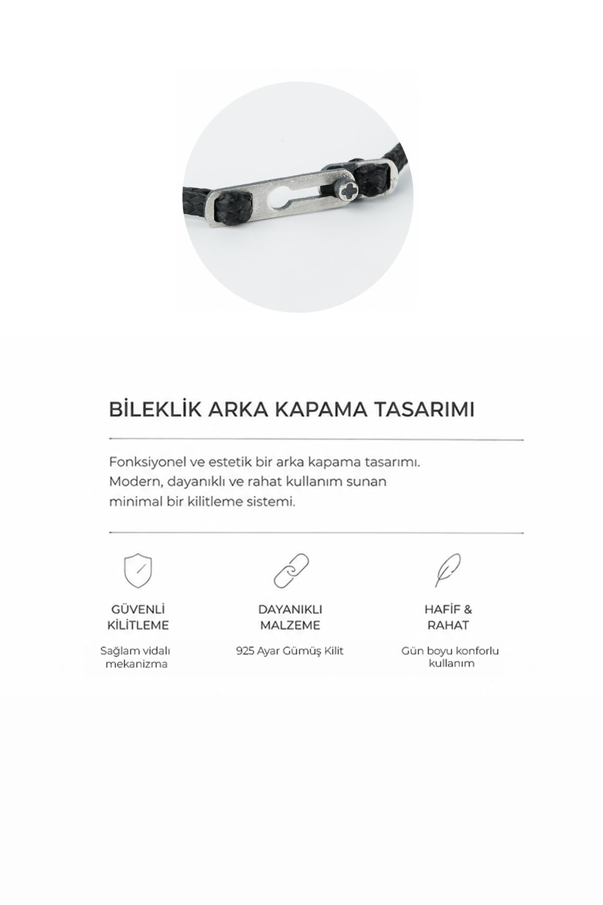 FRNCH 925 Ayar Gümüş Parçalı ve İpli Gri Renk Erkek Bileklik FRJ12957-3957-G