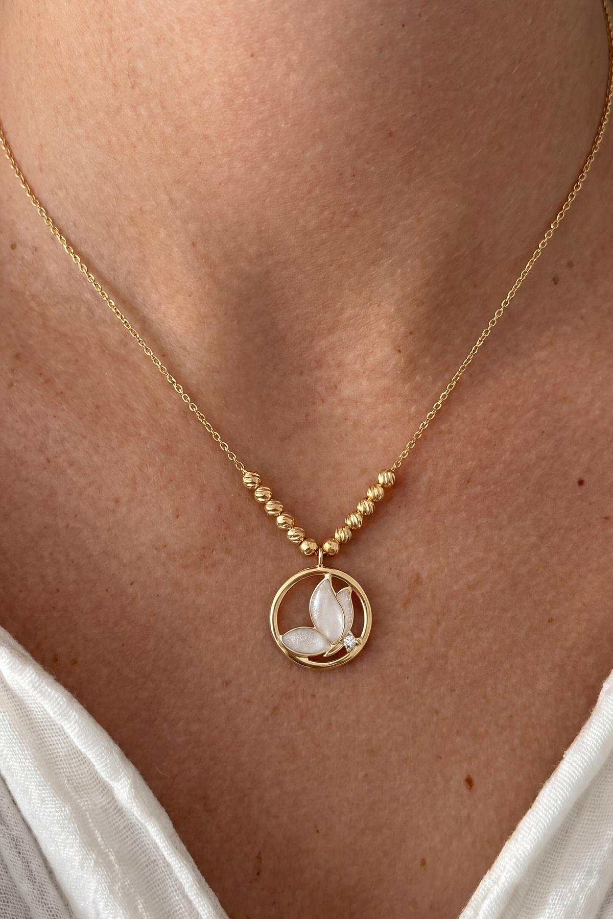 FRNCH 925 Ayar Gümüş Pırlanta Taşlı Altın Renk Kadın Kolye FRJ30978-1078-G