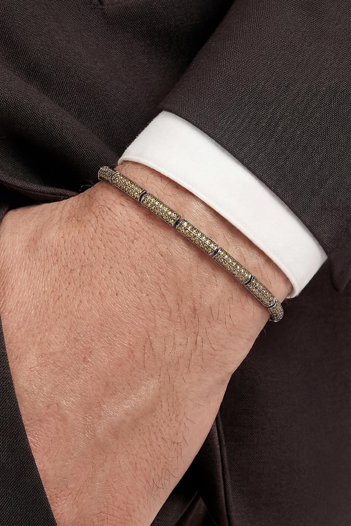 FRNCH 925 Ayar Gümüş Sarı Zirkon Taşlı Sarı Renk Erkek Bileklik FRJ12932-3932-S2