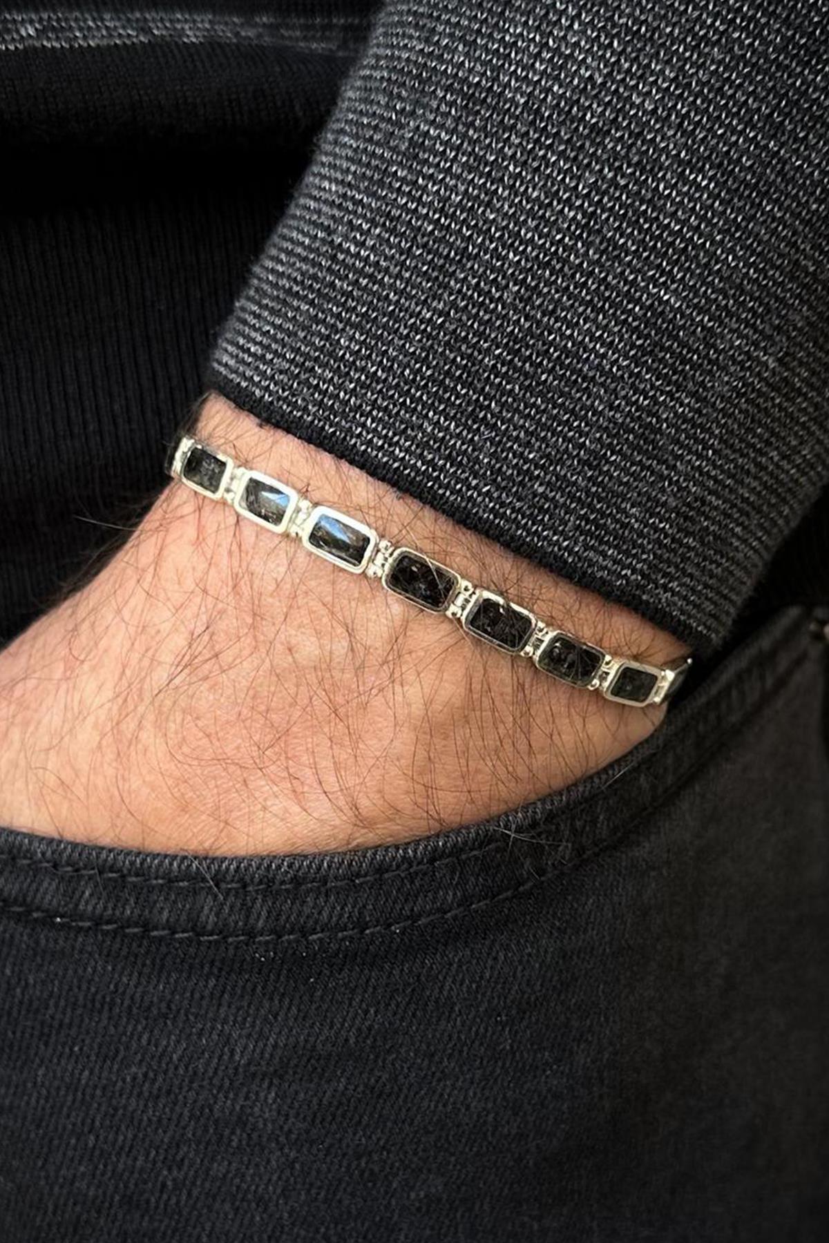 FRNCH 925 Ayar Gümüş Siyah Doğal Taşlı Gümüş Renk Erkek Bileklik FRJ12461-3461-S
