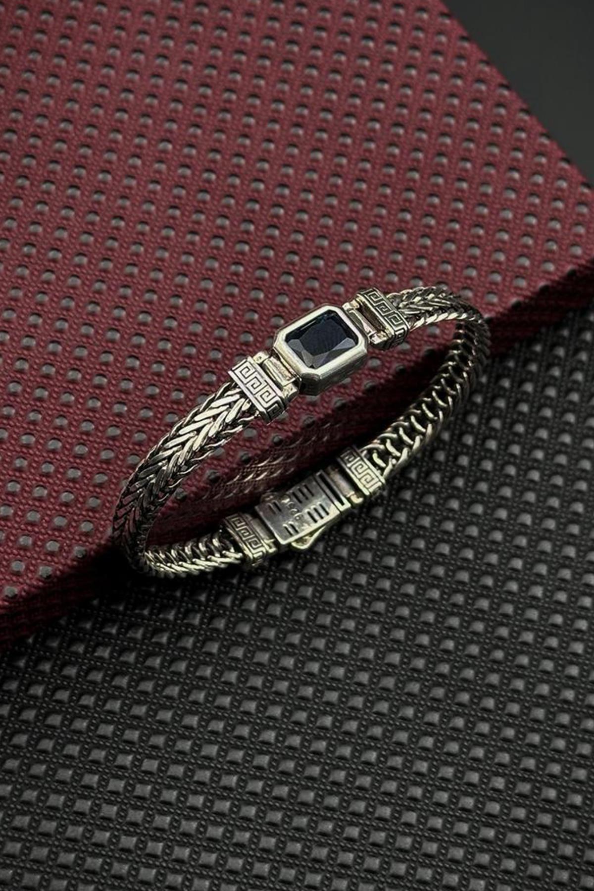 FRNCH 925 Ayar Gümüş Siyah Doğal Taşlı Gümüş Renk Erkek Bileklik FRJ12712-3712-A