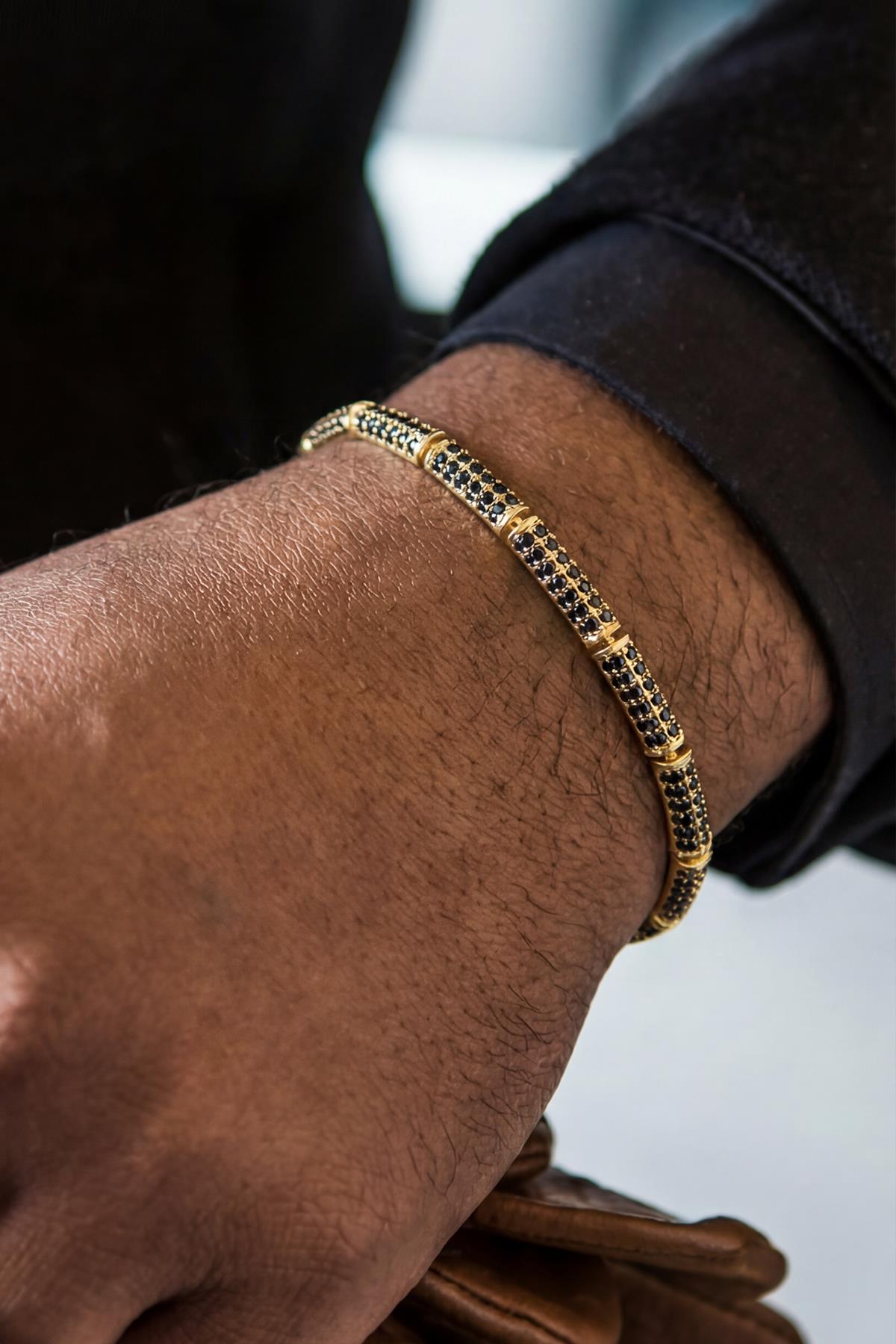 FRNCH 925 Ayar Gümüş Siyah Zirkon Taşlı Altın Renk Erkek Bileklik FRJ12932-3932-B2G