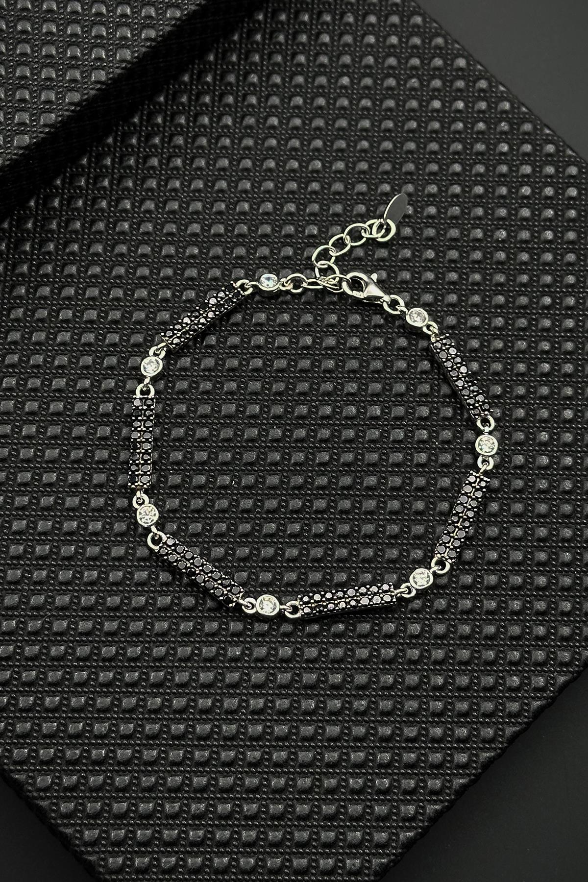 FRNCH 925 Ayar Gümüş Siyah Zirkon Taşlı Erkek Bileklik FRJ12595-3595-S
