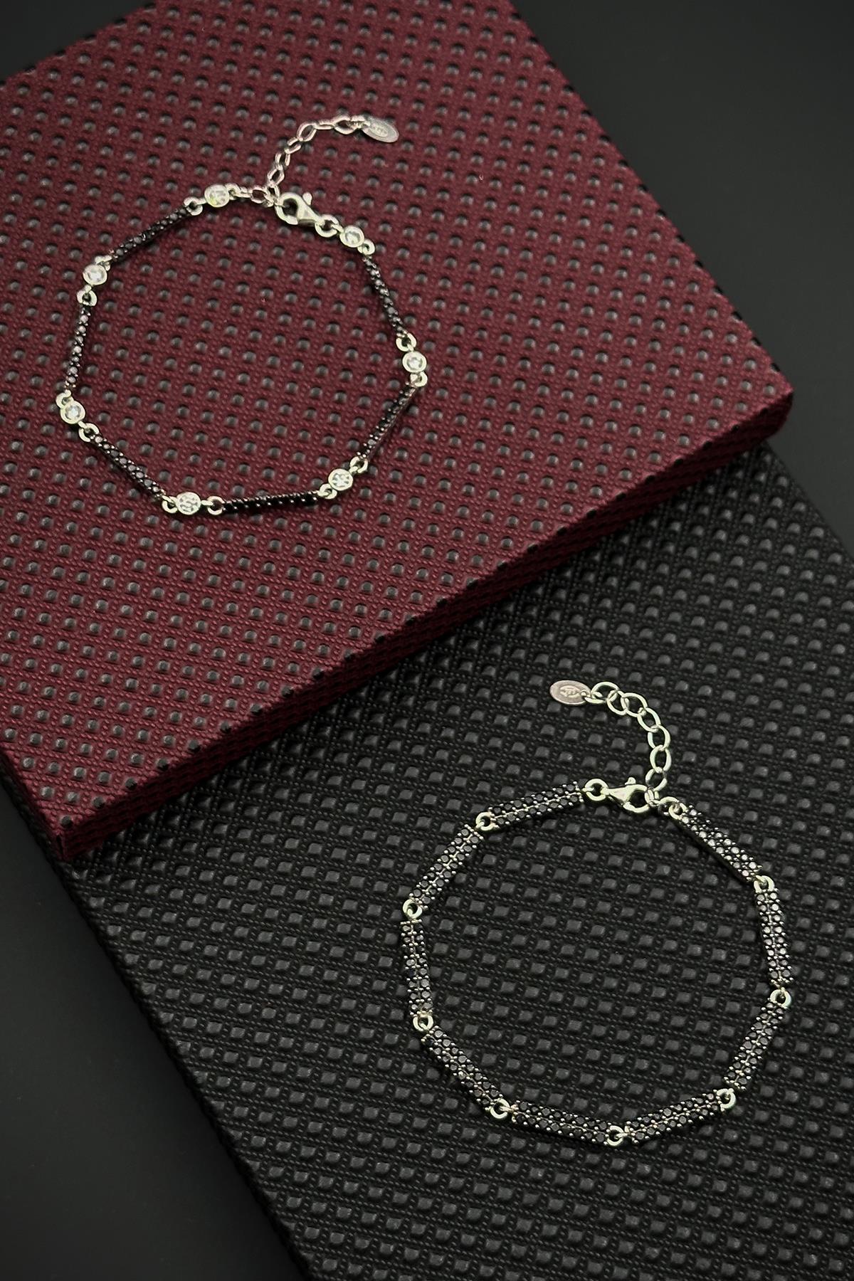 FRNCH 925 Ayar Gümüş Siyah Zirkon Taşlı Erkek/Kadın Bileklik Set FRJ12597-3597-S