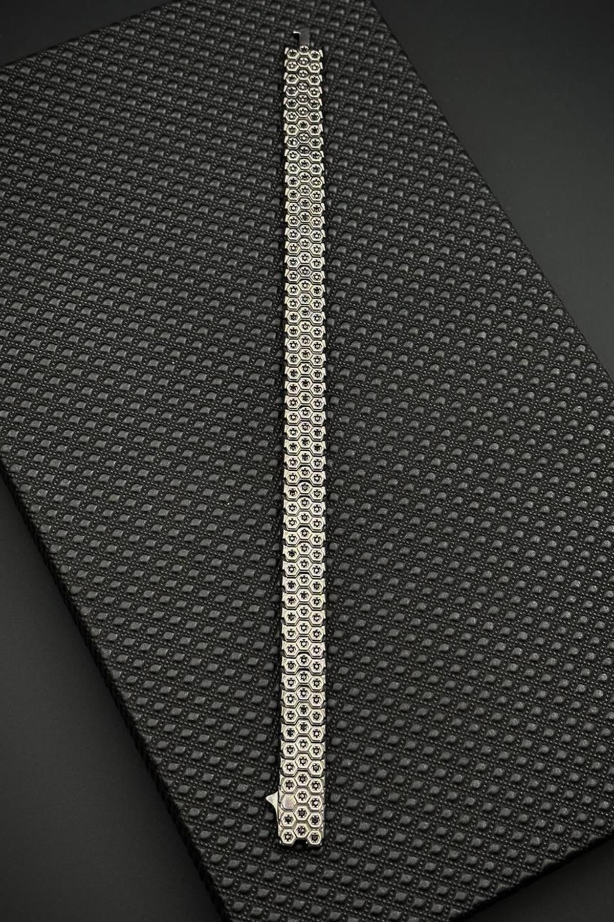 FRNCH 925 Ayar Gümüş Siyah Zirkon Taşlı Gümüş Renk Erkek Bileklik FRJ12684-3684-S