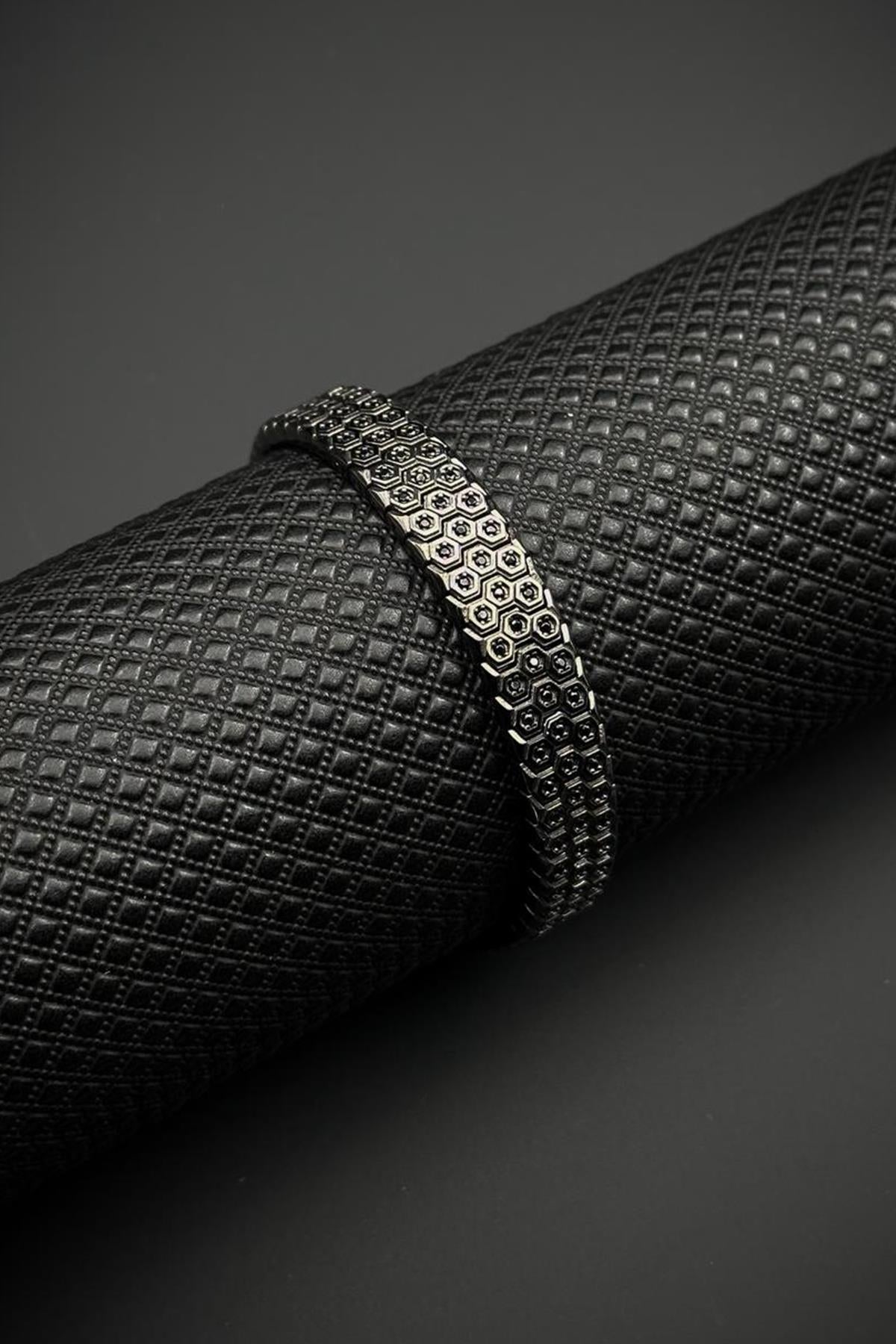 FRNCH 925 Ayar Gümüş Siyah Zirkon Taşlı Gümüş Renk Erkek Bileklik FRJ12684-3684-S