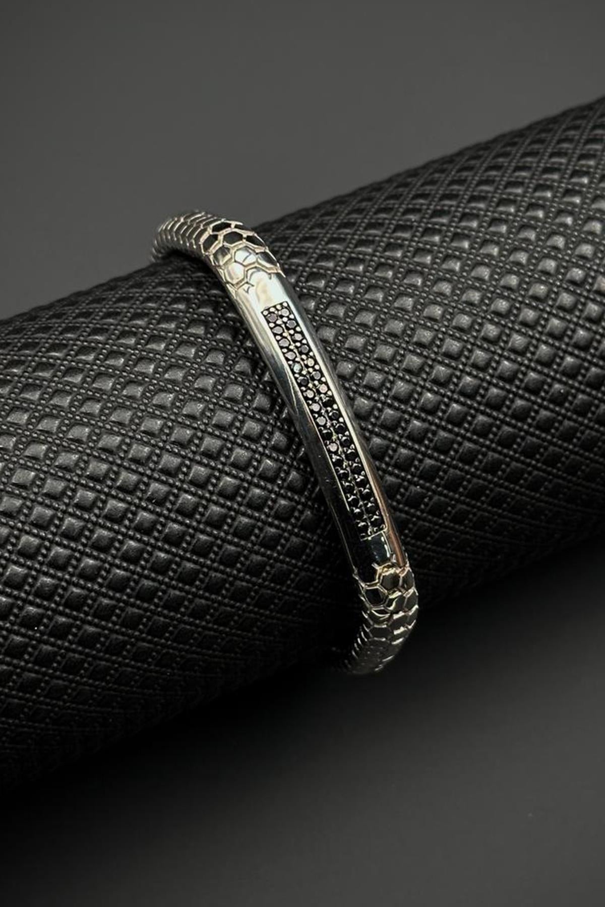 FRNCH 925 Ayar Gümüş Siyah Zirkon Taşlı Gümüş Renk Erkek Bileklik FRJ12710-3710-A