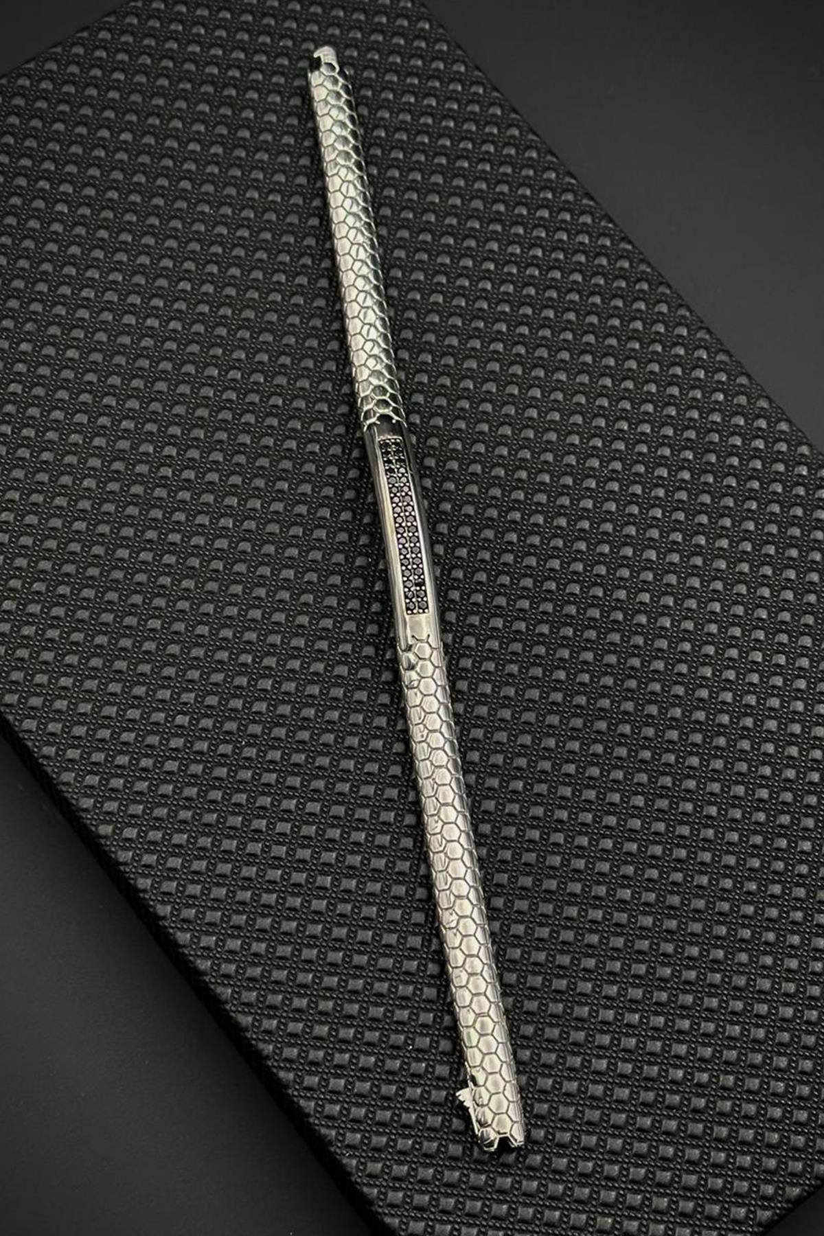 FRNCH 925 Ayar Gümüş Siyah Zirkon Taşlı Gümüş Renk Erkek Bileklik FRJ12710-3710-A