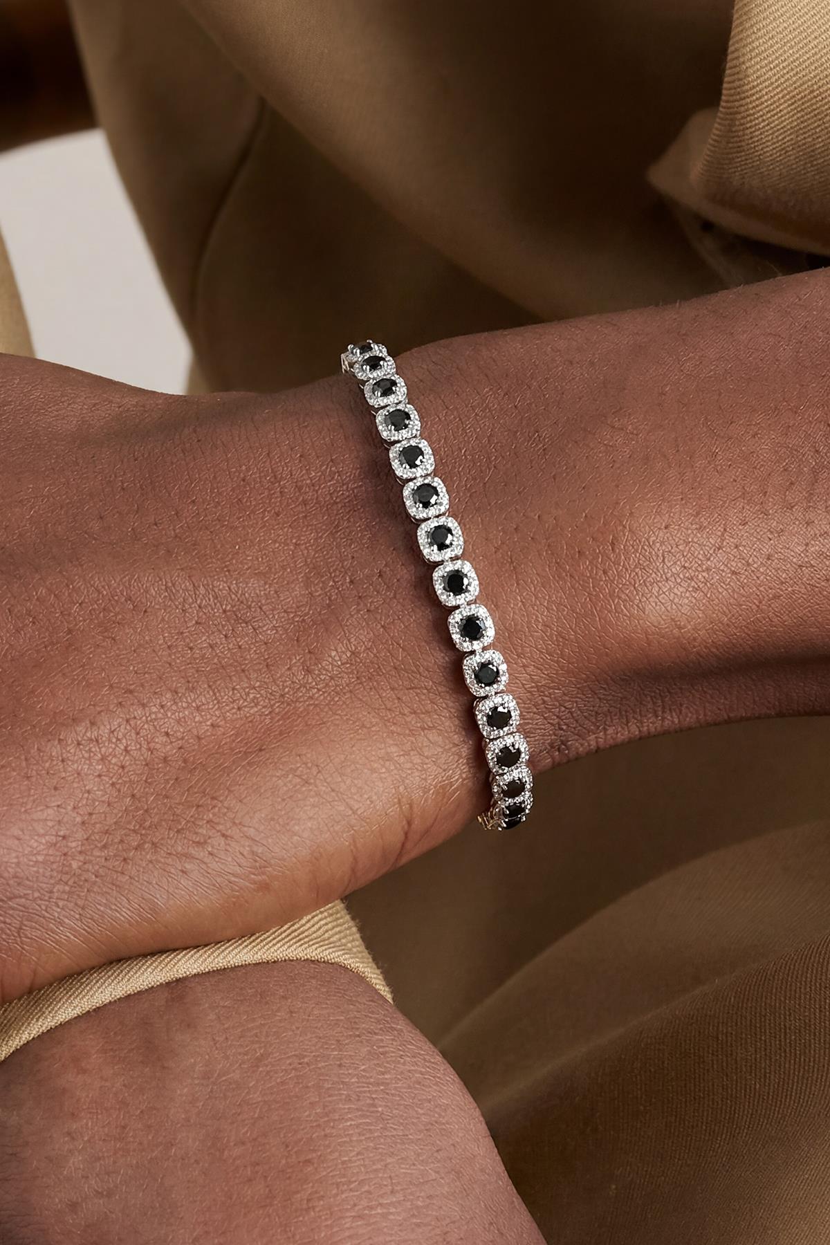 FRNCH 925 Ayar Gümüş Siyah Zirkon Taşlı Gümüş Renk Erkek Bileklik FRJ12896-3896-S