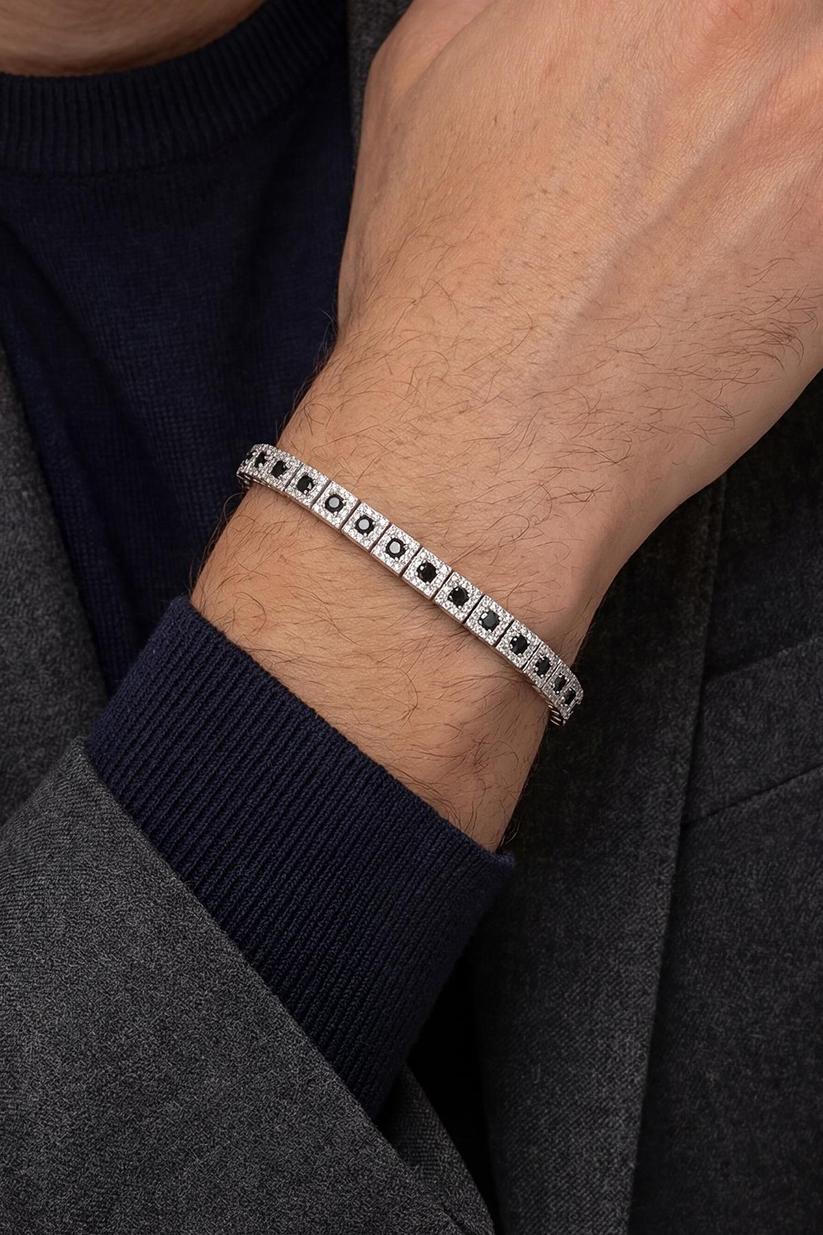 FRNCH 925 Ayar Gümüş Siyah Zirkon Taşlı Gümüş Renk Erkek Bileklik FRJ12903-3903-S