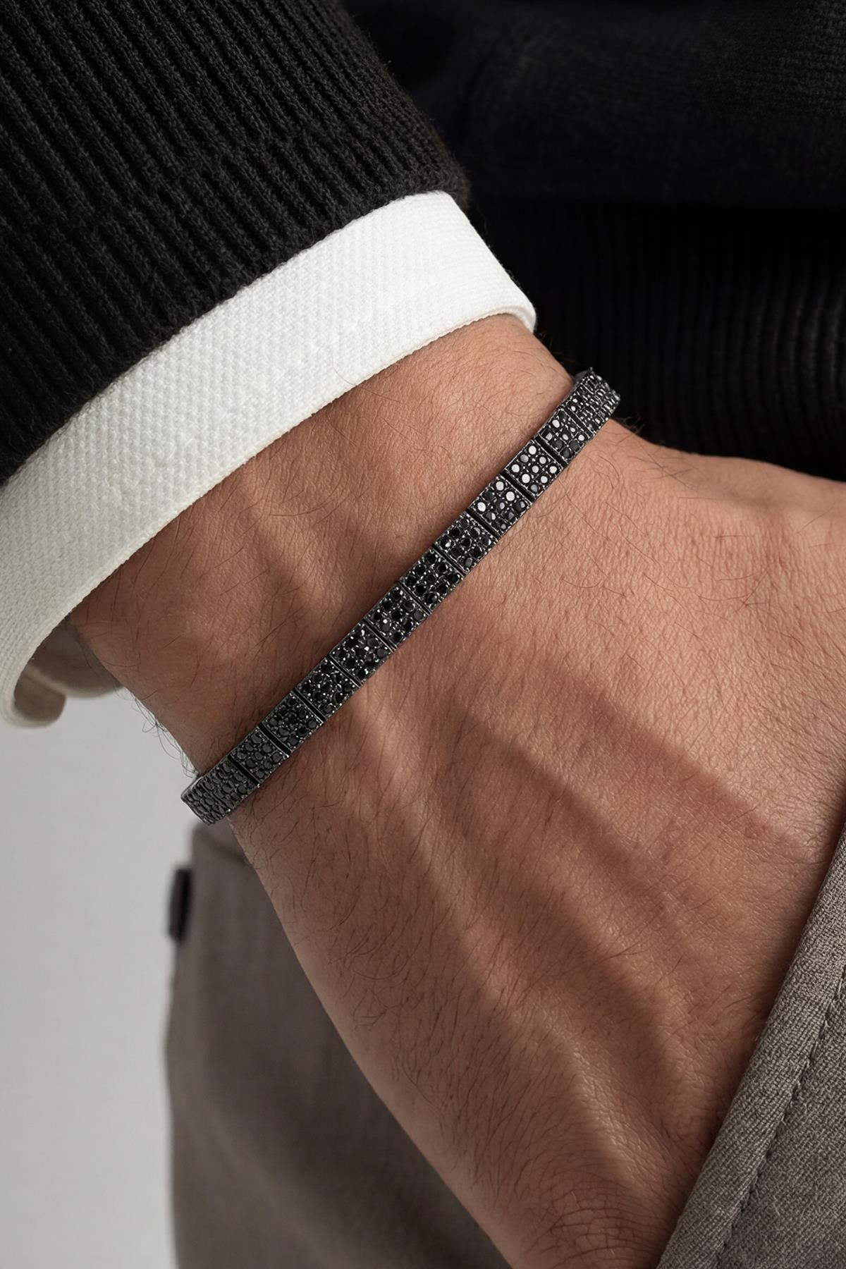 FRNCH 925 Ayar Gümüş Siyah Zirkon Taşlı Gümüş Renk Erkek Bileklik FRJ12904-3904-B2