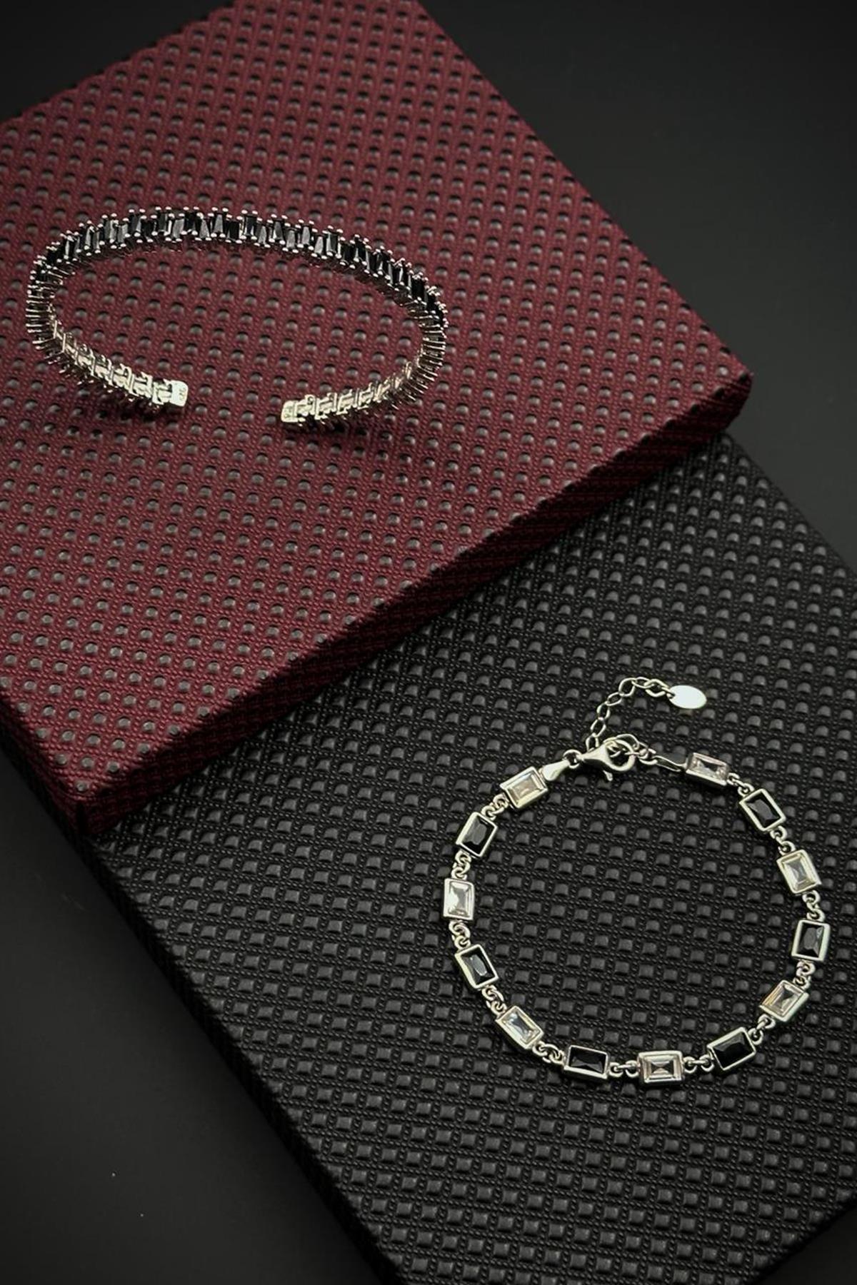 FRNCH 925 Ayar Gümüş Siyah Zirkon Taşlı Gümüş Renk Erkek Bileklik Set FRJ12696-3696-S2