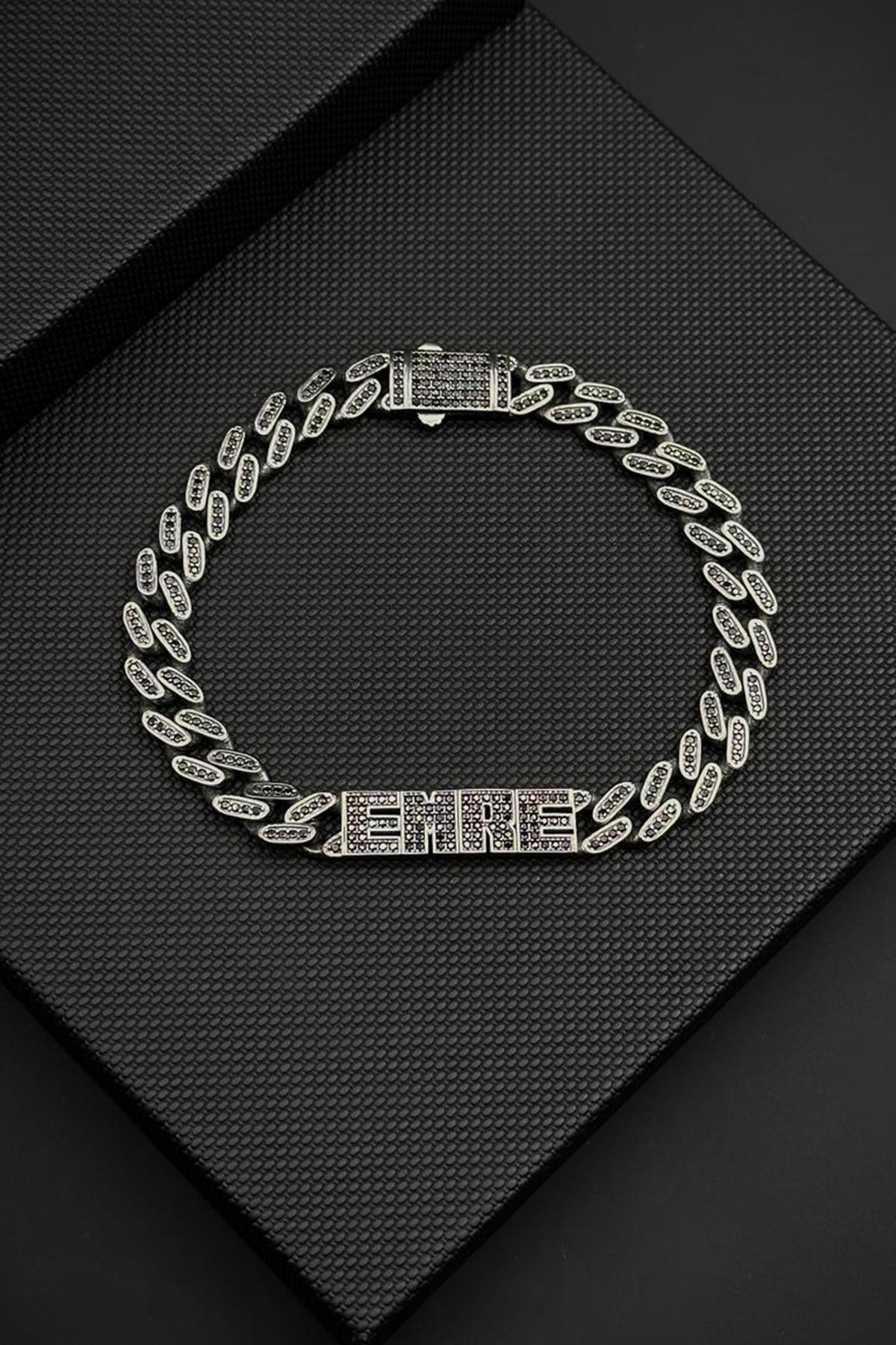 FRNCH 925 Ayar Gümüş Siyah Zirkon Taşlı İsim Yazılan Siyah Renk Erkek Bileklik FRJ12892-3892-S