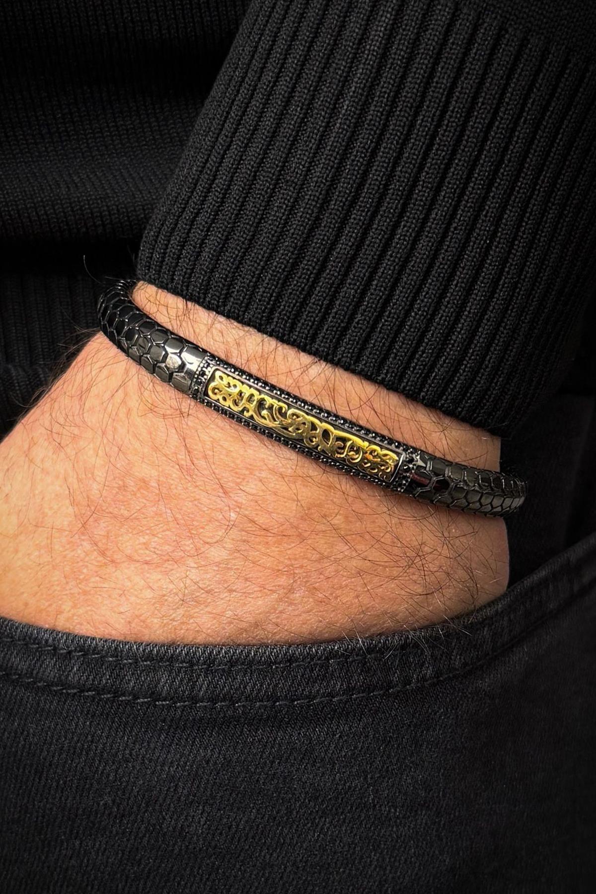 FRNCH 925 Ayar Gümüş Siyah Zirkon Taşlı Siyah-Altın Renkli Erkek Bileklik FRJ12704-3704-B2G