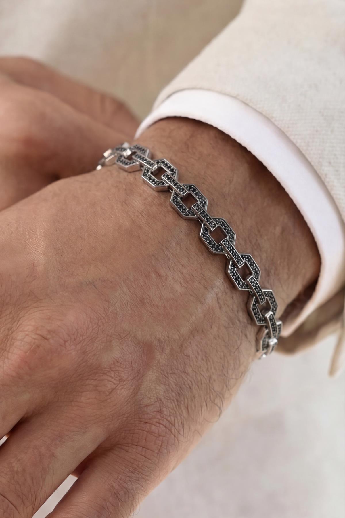 FRNCH 925 Ayar Gümüş Siyah Zirkon Taşlı Siyah Renk Erkek Bileklik FRJ12898-3898-S