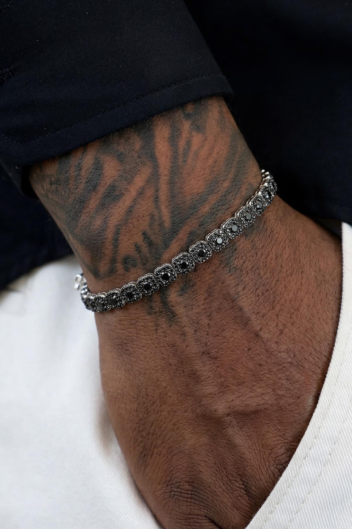 FRNCH 925 Ayar Gümüş Siyah Zirkon Taşlı Siyah Renk Erkek Bileklik FRJ12934-3934-S