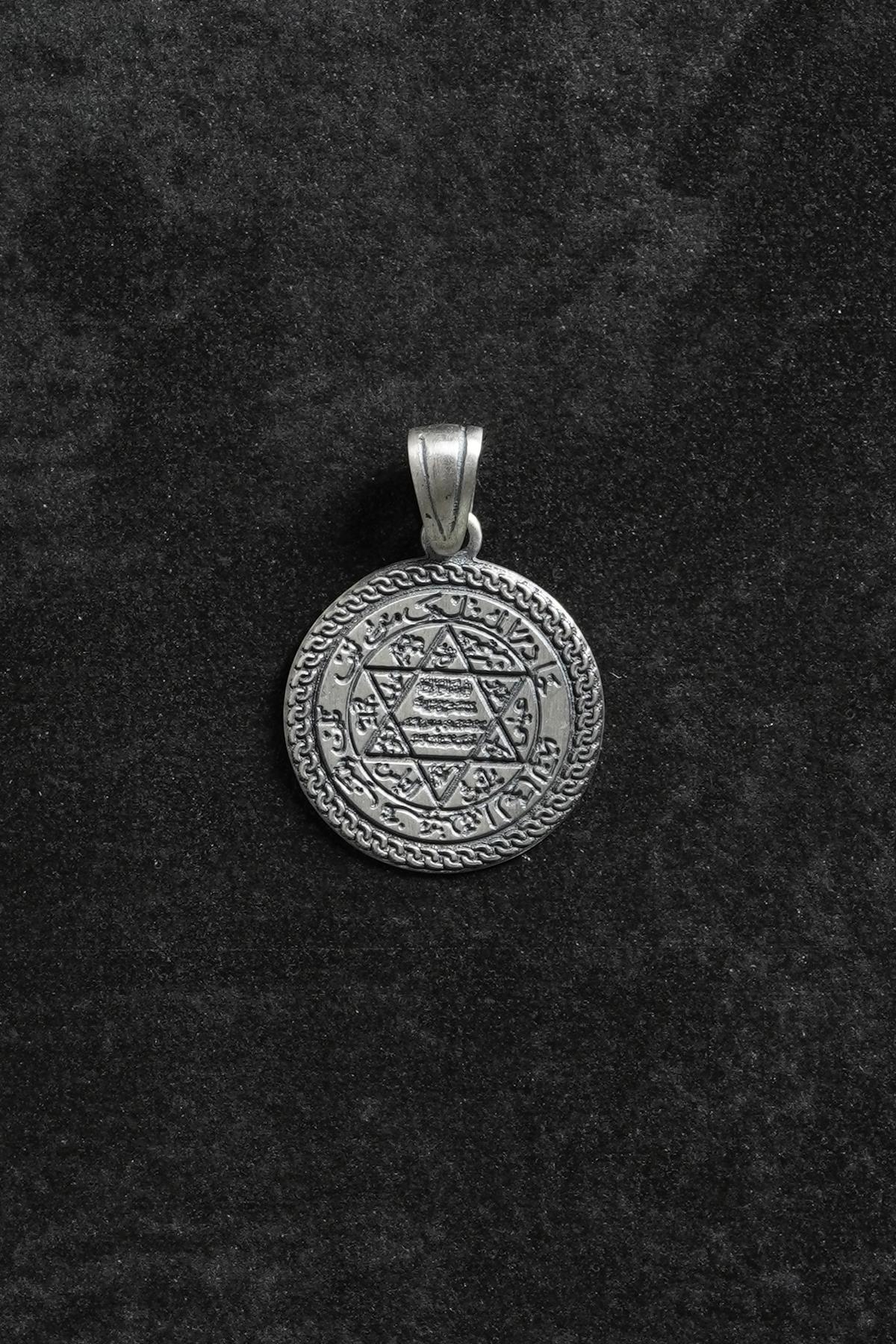 FRNCH 925 Ayar Gümüş Süleyman Mührü Figürlü Gümüş Renk Erkek Kolye Ucu FRKU-1117