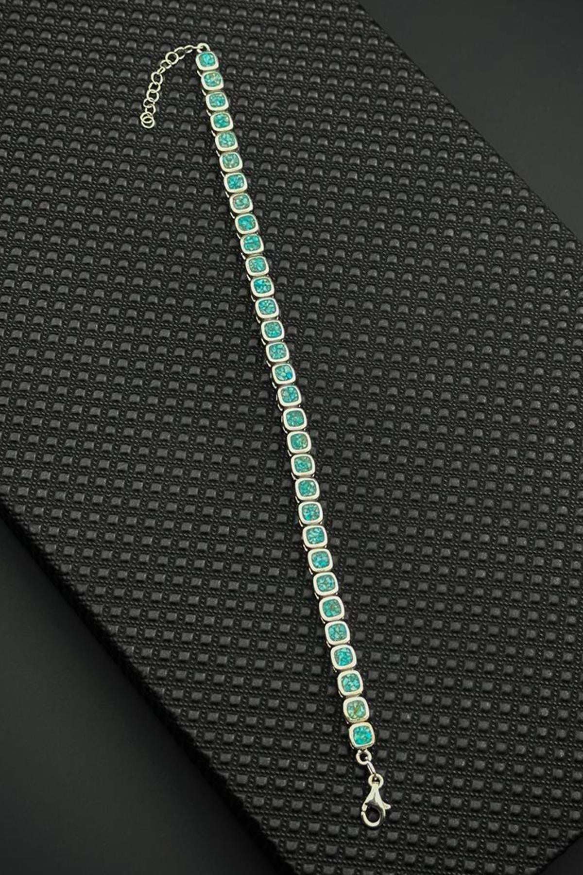 FRNCH 925 Ayar Gümüş Turkuaz Doğal Taşlı Gümüş Renk Erkek Bileklik FRJ12678-3678-M