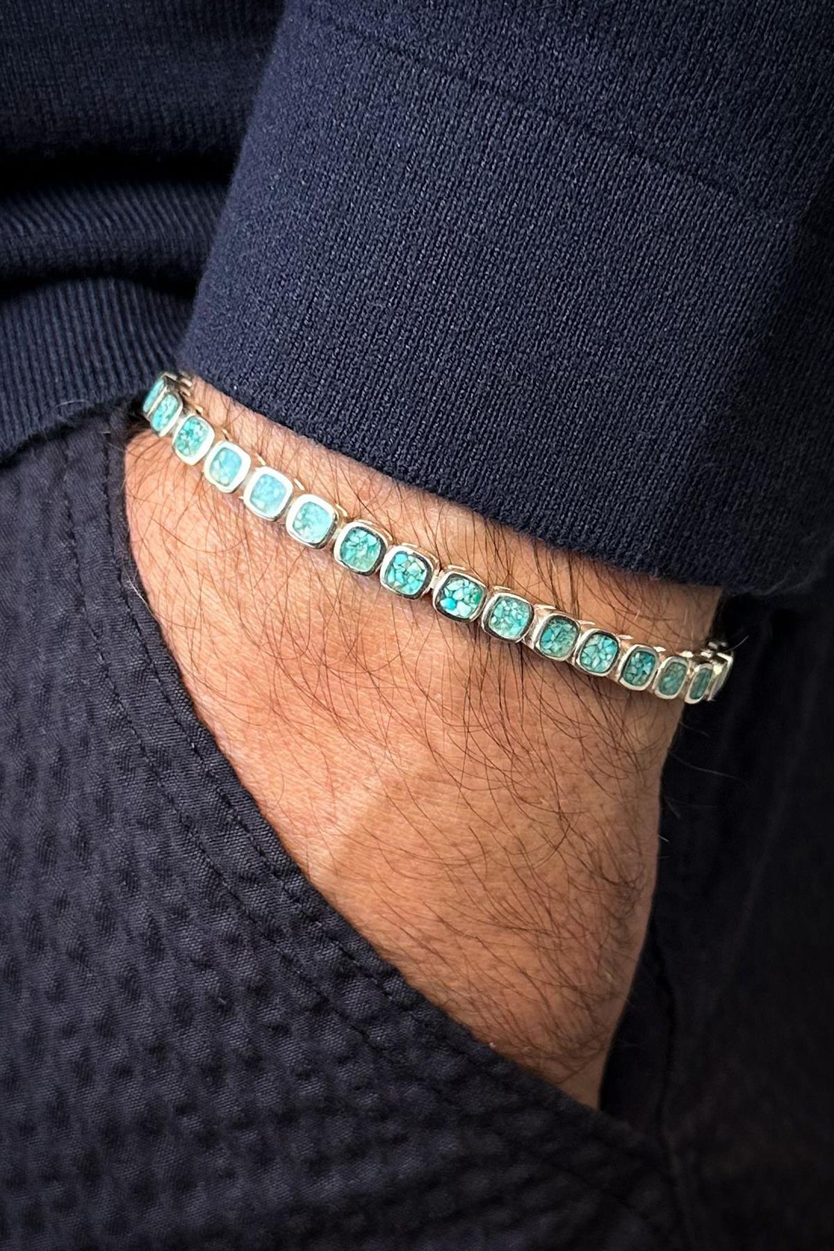 FRNCH 925 Ayar Gümüş Turkuaz Doğal Taşlı Gümüş Renk Erkek Bileklik FRJ12678-3678-M