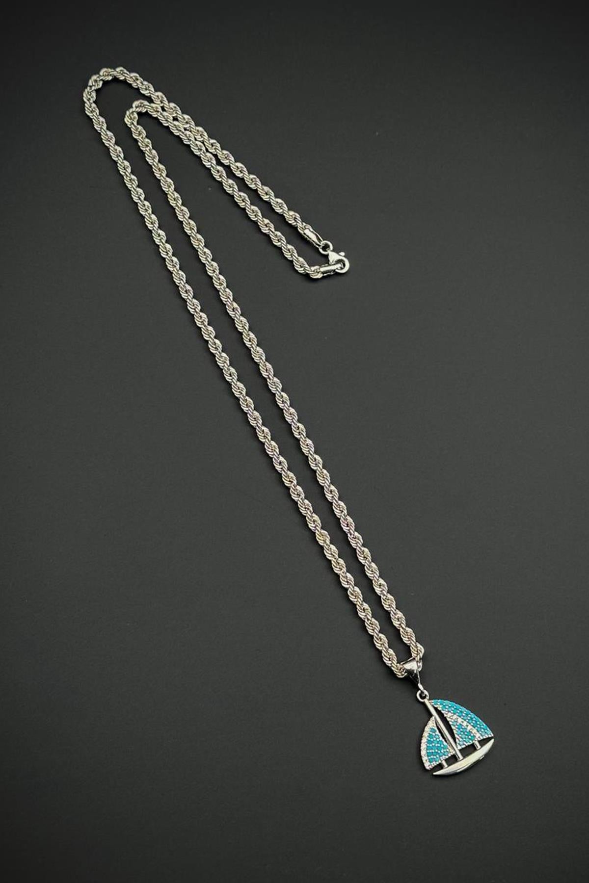 FRNCH 925 Ayar Gümüş Turkuaz Yelken Figürlü Gümüş Renk Erkek Kolye FRJ30936-1036-M