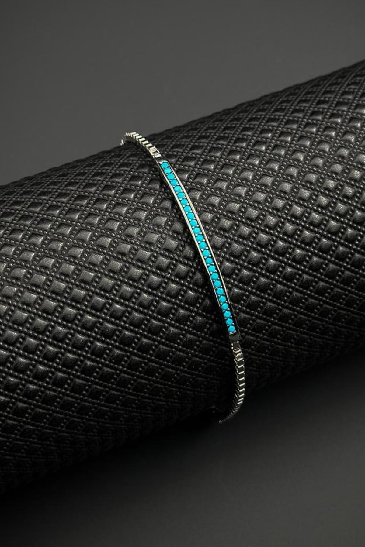 FRNCH 925 Ayar Gümüş Turkuaz Zirkon Taşlı Gümüş Renk Erkek Bileklik FRJ12652-3652-M