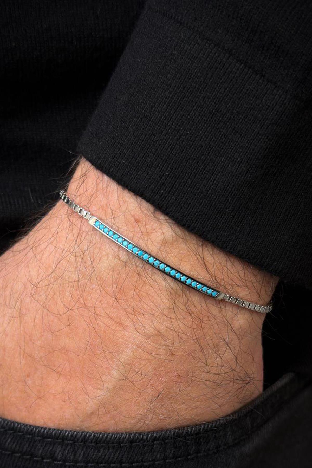 FRNCH 925 Ayar Gümüş Turkuaz Zirkon Taşlı Gümüş Renk Erkek Bileklik FRJ12652-3652-M
