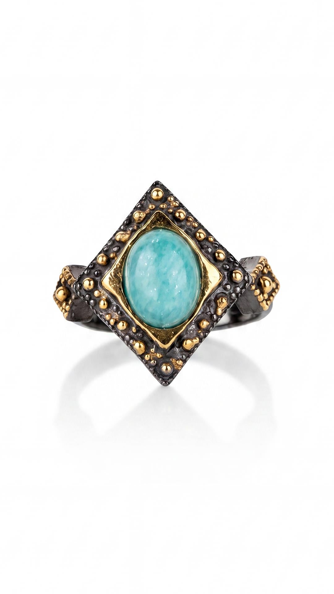 FRNCH 925 Ayar Gümüş ve Amazonite Taşlı Füme Renk Kadın Yüzük FRJ60094-194-BM