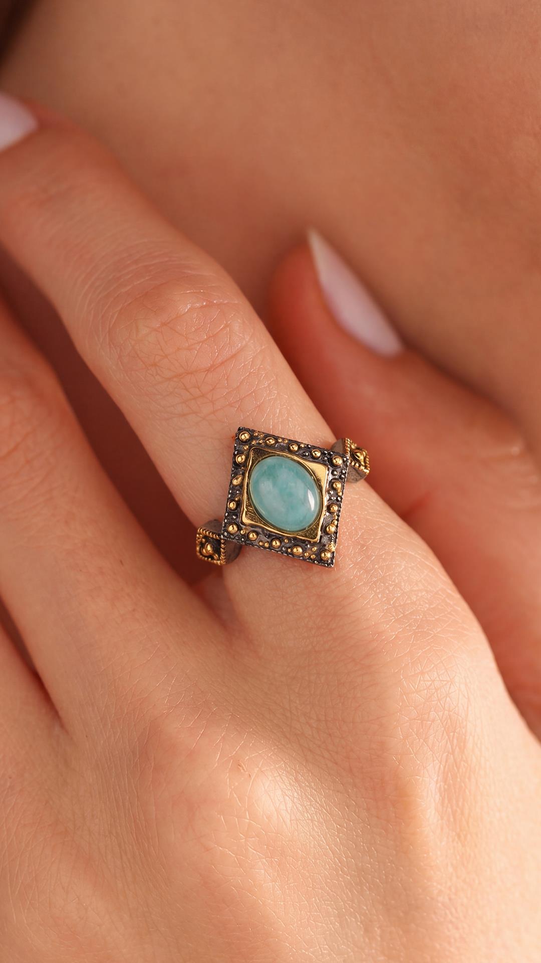 FRNCH 925 Ayar Gümüş ve Amazonite Taşlı Füme Renk Kadın Yüzük FRJ60094-194-BM
