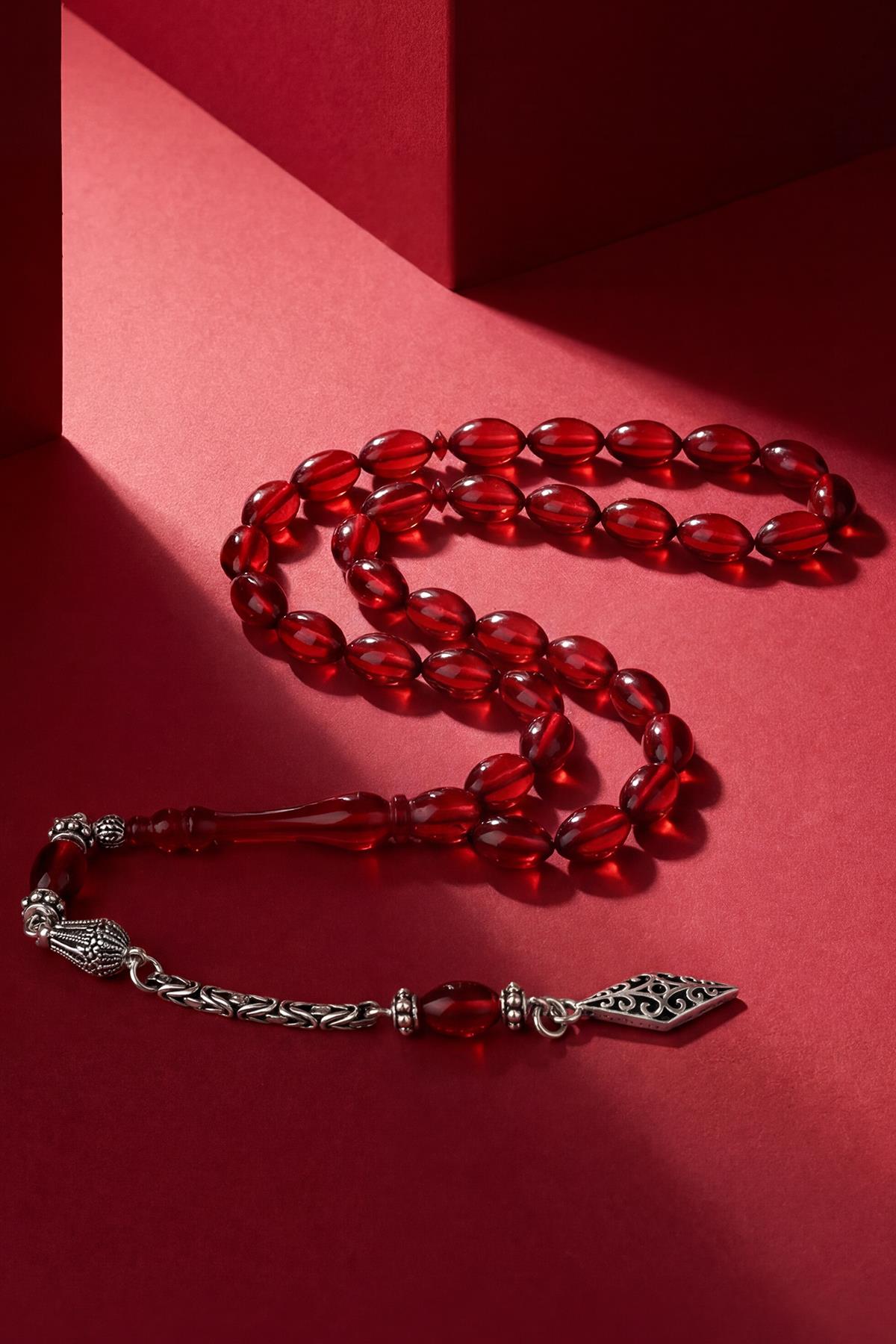 FRNCH 925 Ayar Gümüş ve Arpa Kesim Ateş Kehribar Kırmızı Renk Tesbih FRJ80006-106-K6