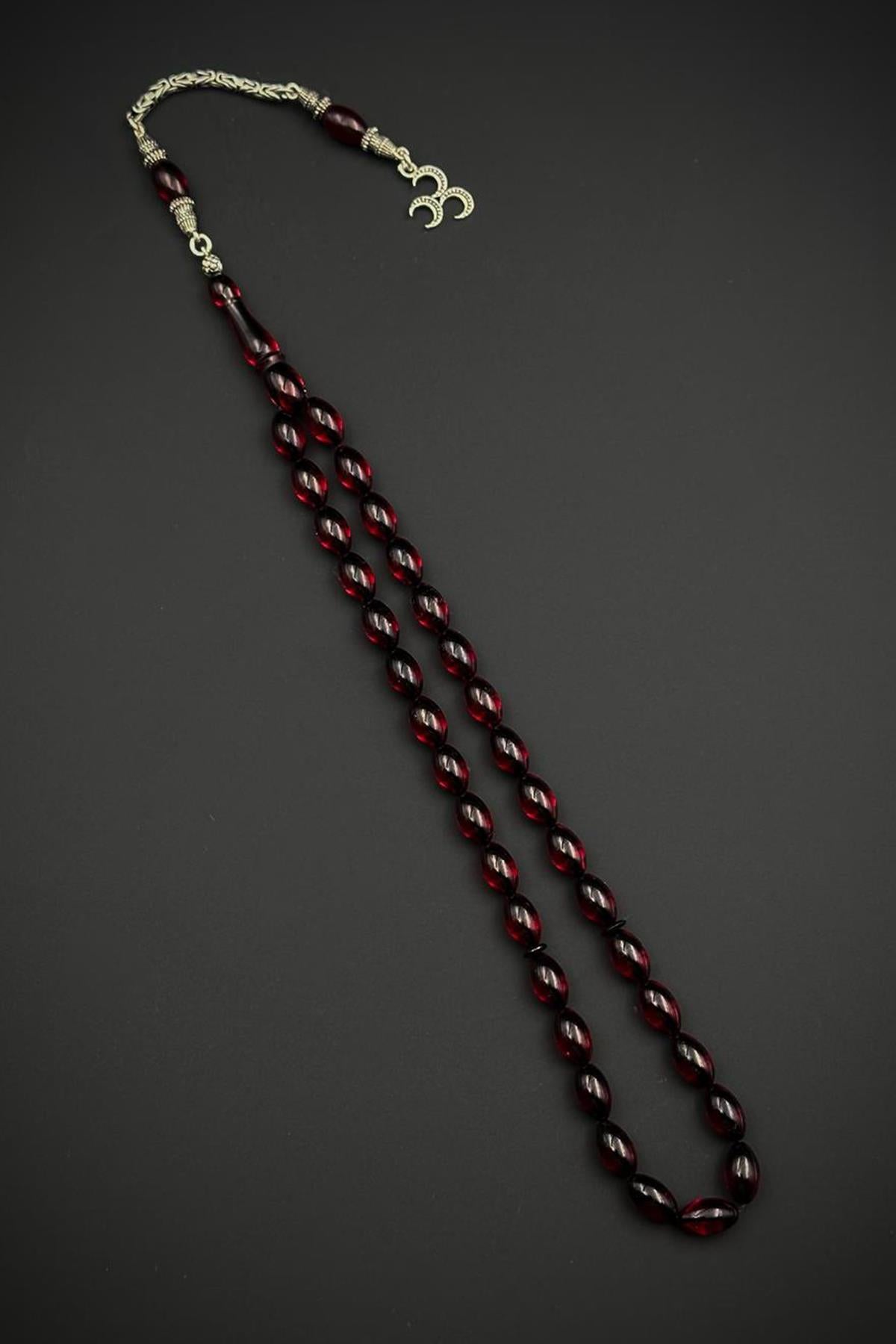 FRNCH 925 Ayar Gümüş ve Arpa Kesim Ateş Kehribar Kırmızı Renk Tesbih FRJ80006-106-K7