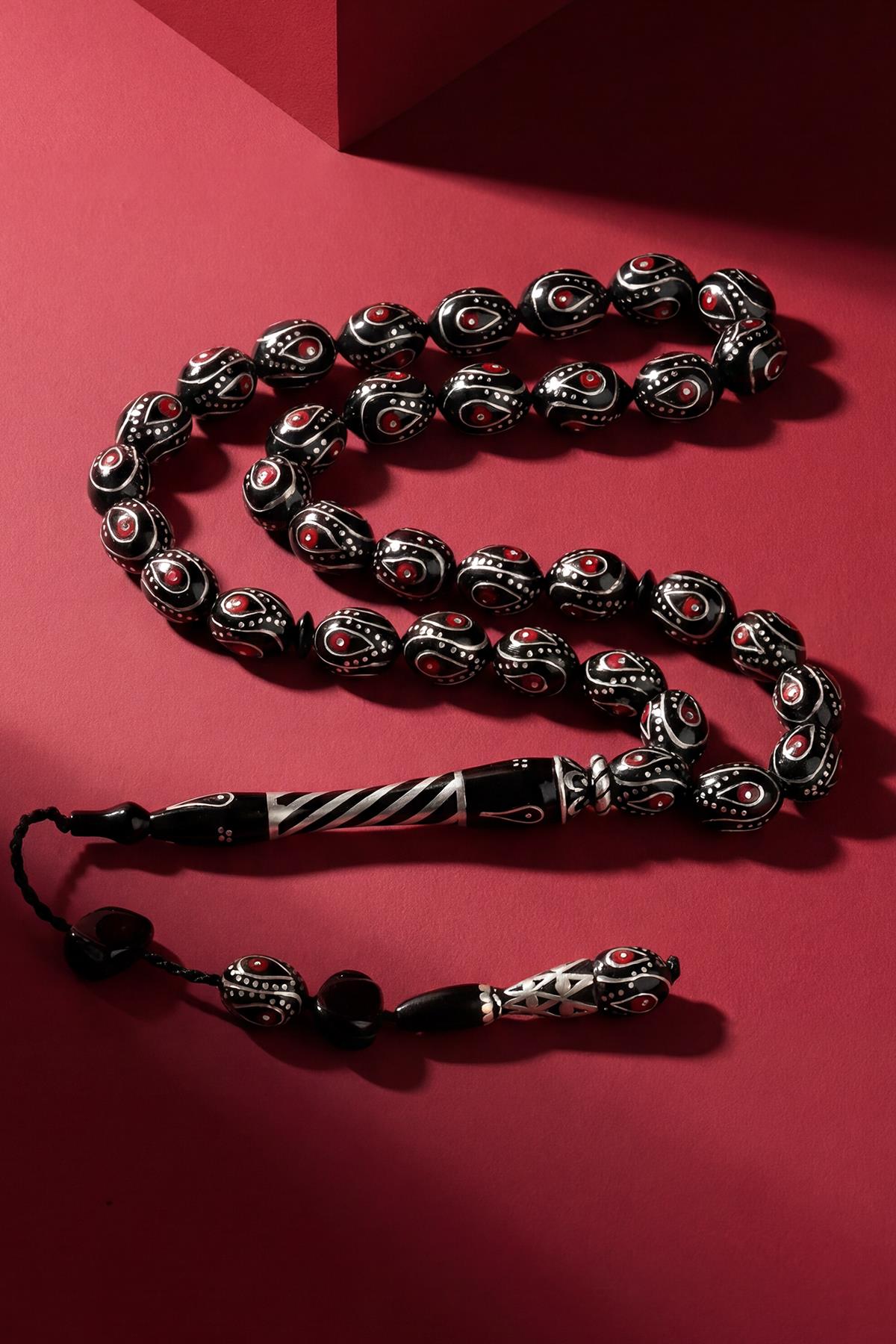 FRNCH 925 Ayar Gümüş ve  Arpa Kesim Oltu Taşlı Kırmızı Renk Tesbih FRJ80006-106-K5