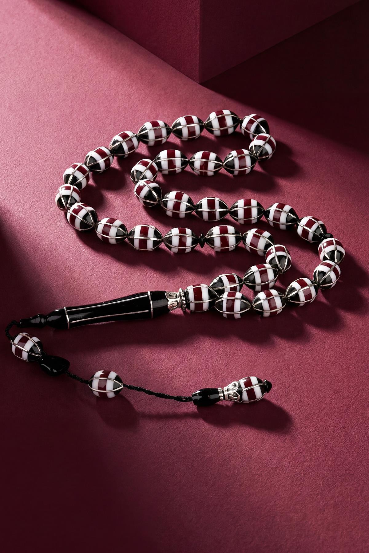 FRNCH 925 Ayar Gümüş ve  Arpa Kesim Oltu Taşlı Kırmızı Renk Tesbih FRJ80006-106-K8