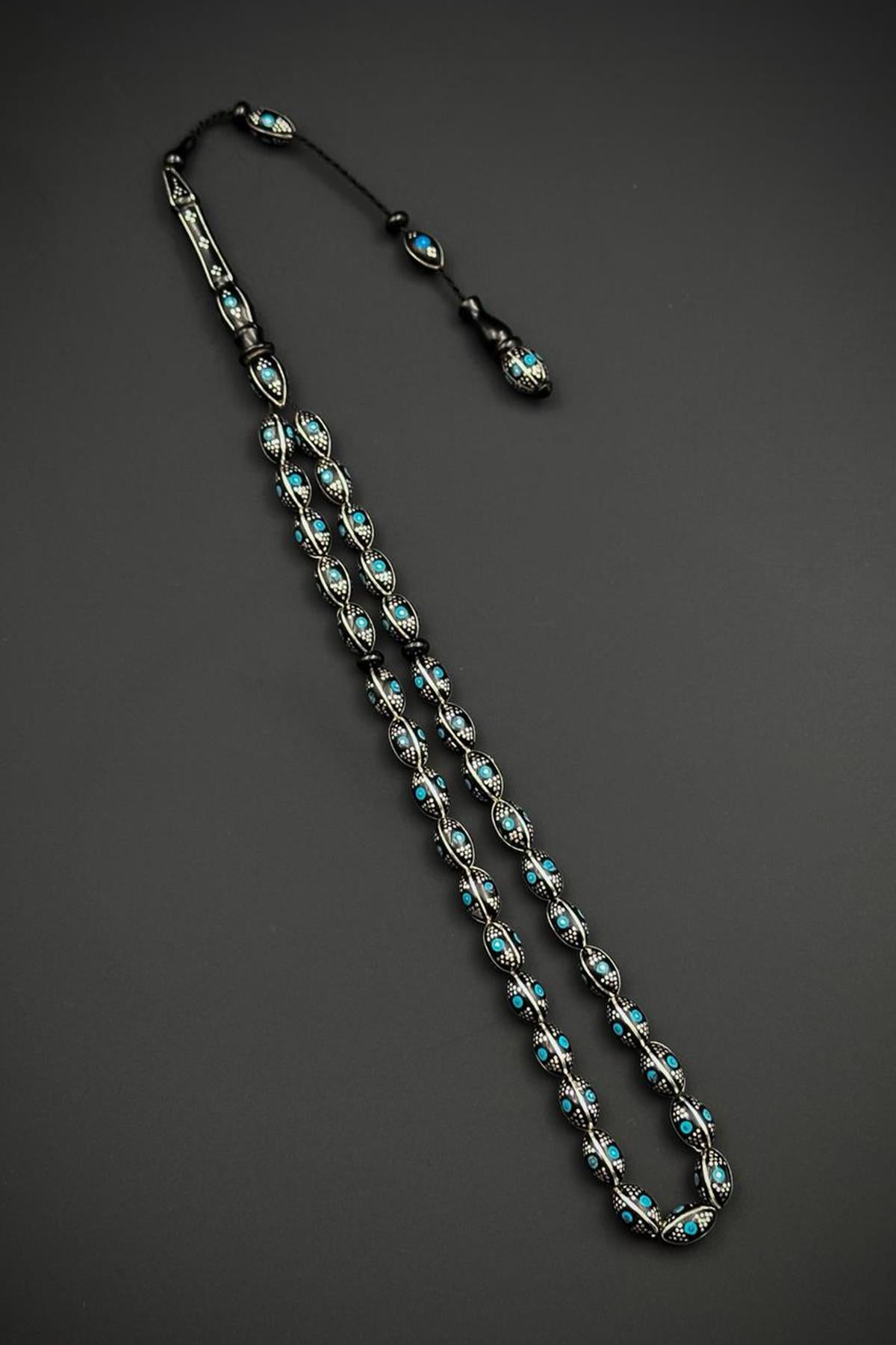 FRNCH 925 Ayar Gümüş ve Arpa Kesim Oltu Taşlı Mavi Renk Tesbih FRJ80006-106-M